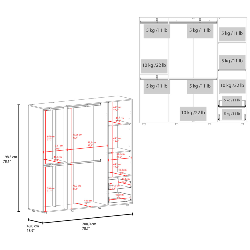 79-Inch Beluga Armoire with 2-Drawer and 4 Open Shelves – Confirmed Load Rating
