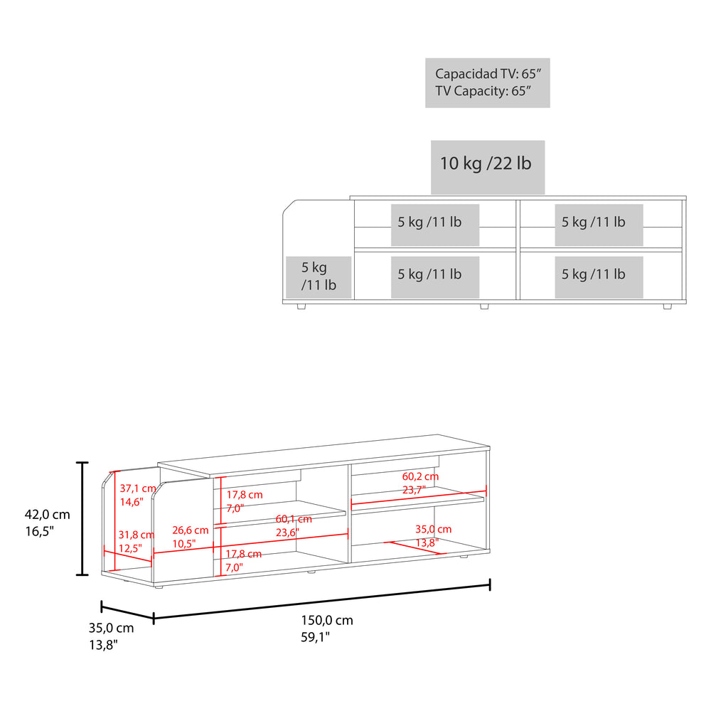 59-Inch Stem TV Stand with 5 Open Shelves – Low, Wide Profile