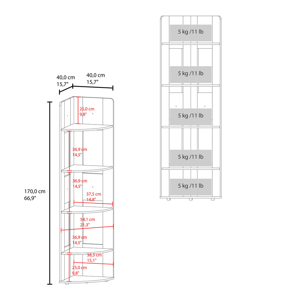 67"- Inch Hays Corner Bookcase  with Five Open Shelves – Wide Corner Footprint
