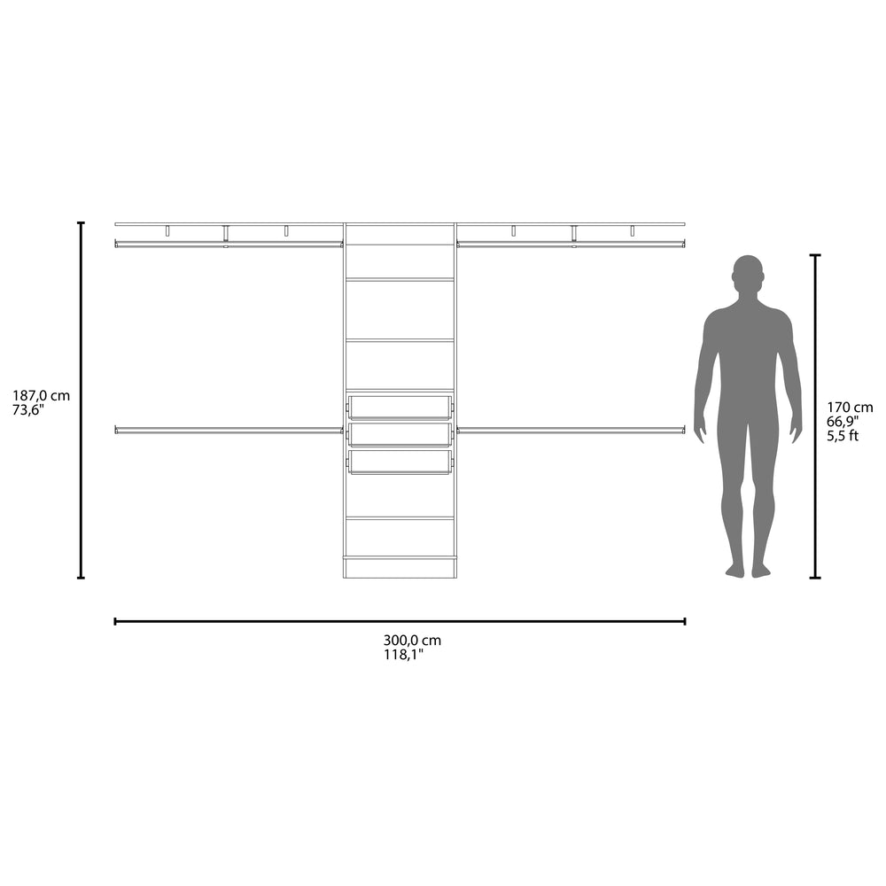 118-Inch Salina Closet Organizer with 3-Drawer and 5 Open Shelves – Full-Wall Closet Coverage