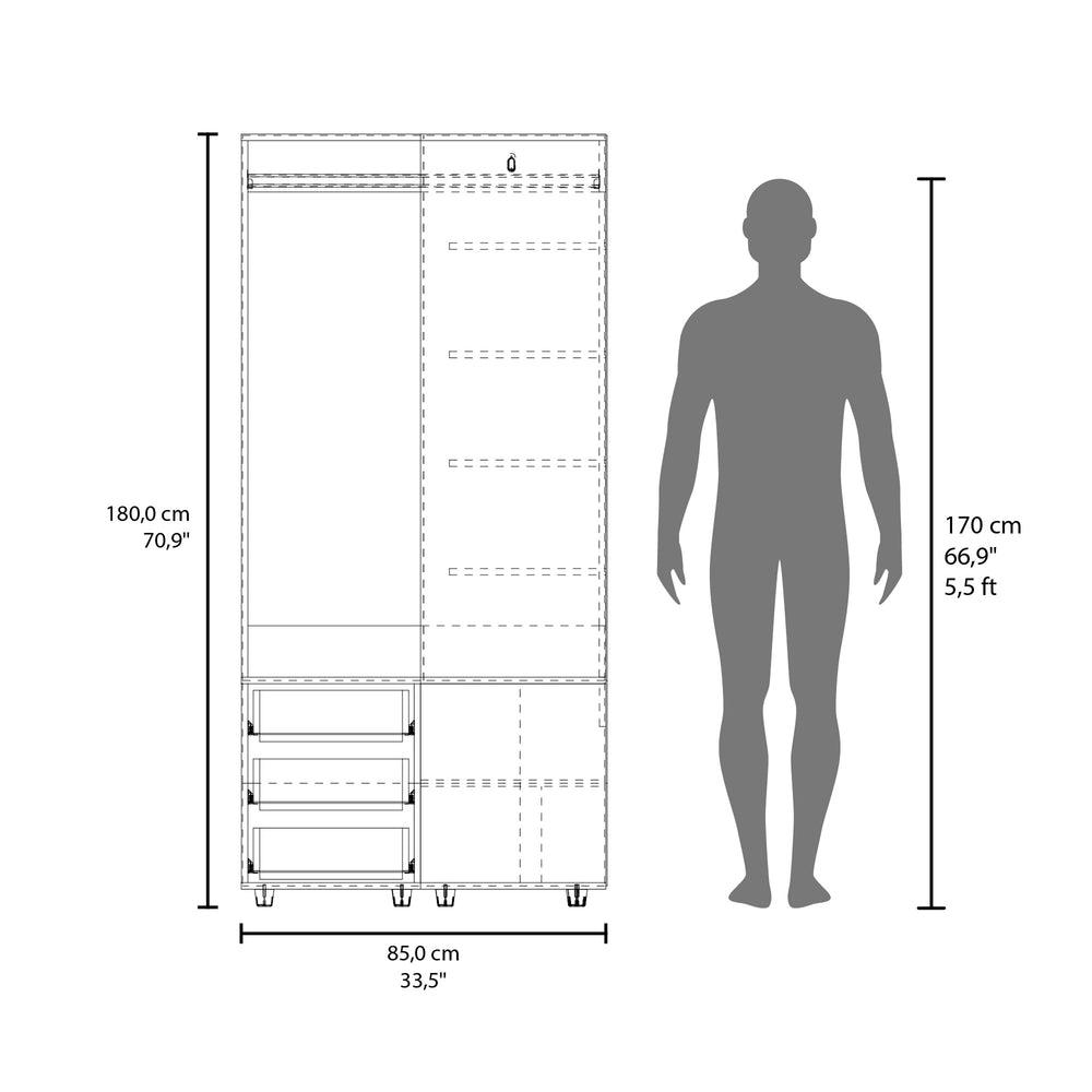 34-Inch Granger Armoire with 3-Drawer and Single Door – Hanging Closet Section