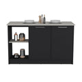 DEPOT E-SHOP Coral Kitchen Island with Large Countertop, Open Storage Shelves and Double Door Cabinet, Black / Onyx