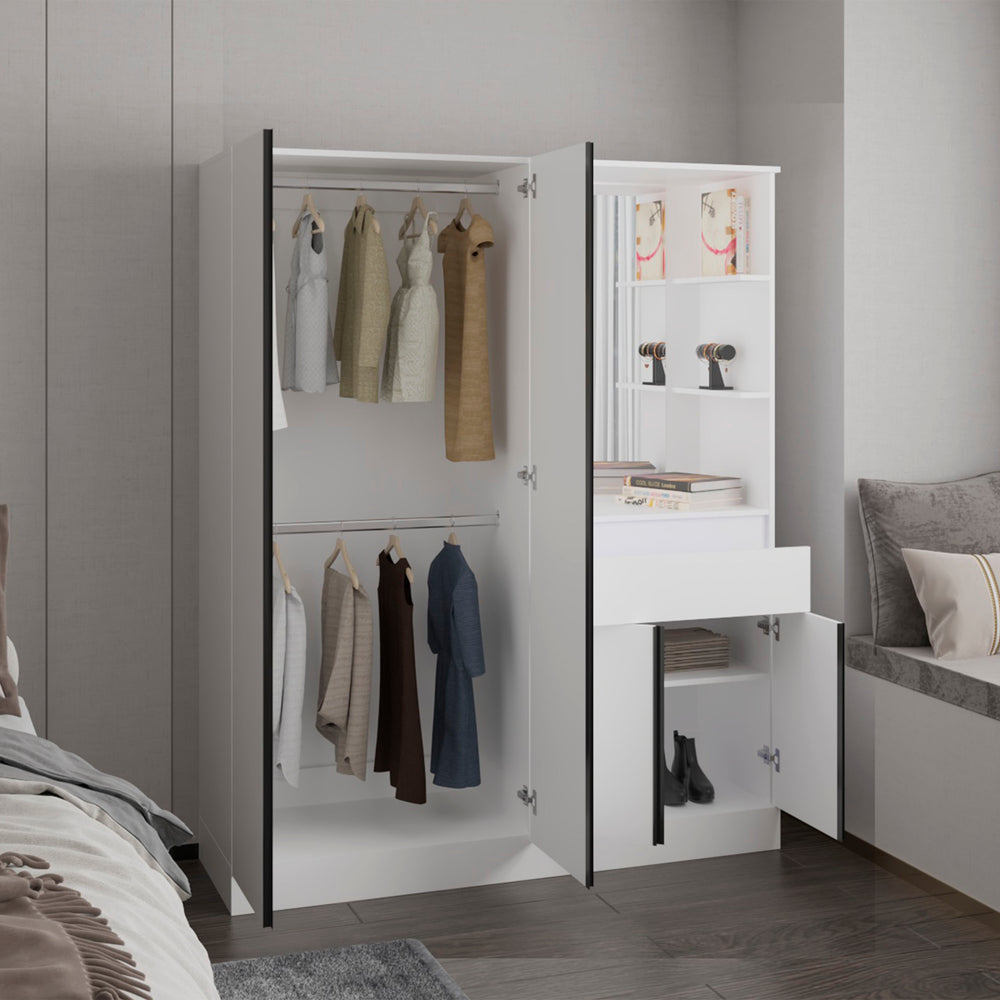 59-Inch Everson Armoire with 1-Drawer and 5 Open Shelves – Mirrored Vanity Nook
