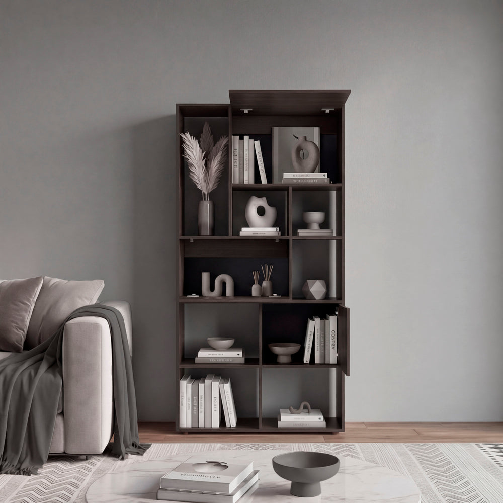 Ailey Geometric Bookcase with Mixed Open Shelving and Enclosed Cabinet Storage for Living Room Organization – Warm Dark Walnut Finish