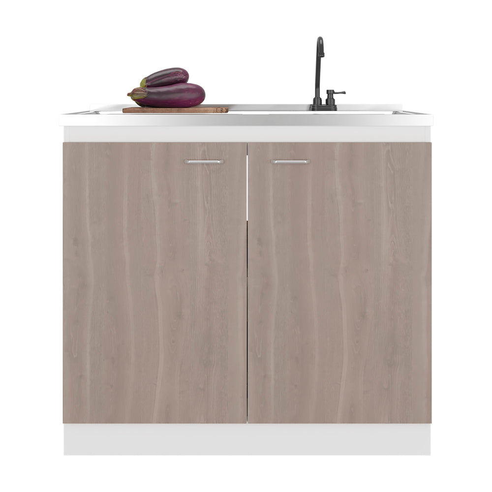 39-Inch Salento Storage Cabinet with Double Door and 2 Open Shelves – A two-tone white and light gray finish Finish