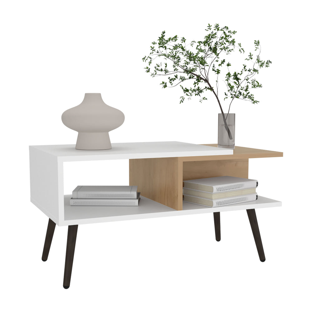 30-Inch Drexel Coffee Table with 2 Open Shelves – Split-Level Tabletop