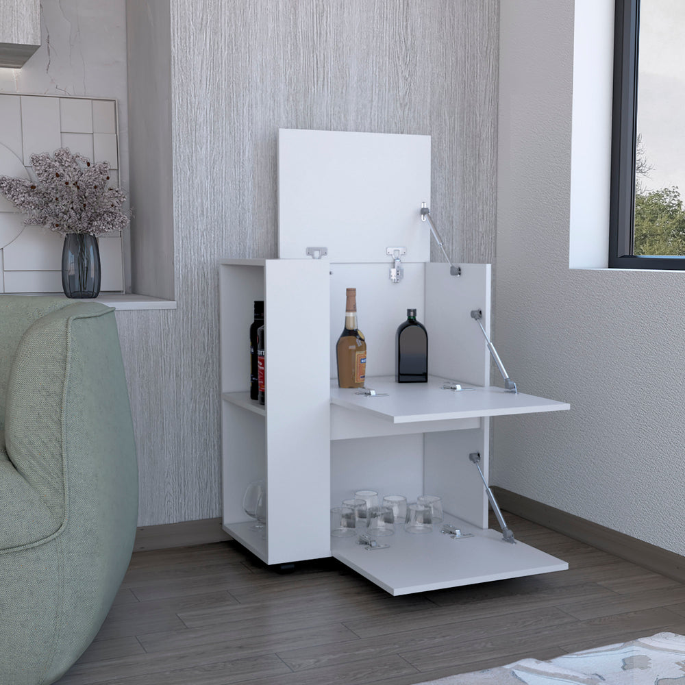 26-Inch Tully Bar Cart with 2 Open Shelves – Pull-Down Door Storage
