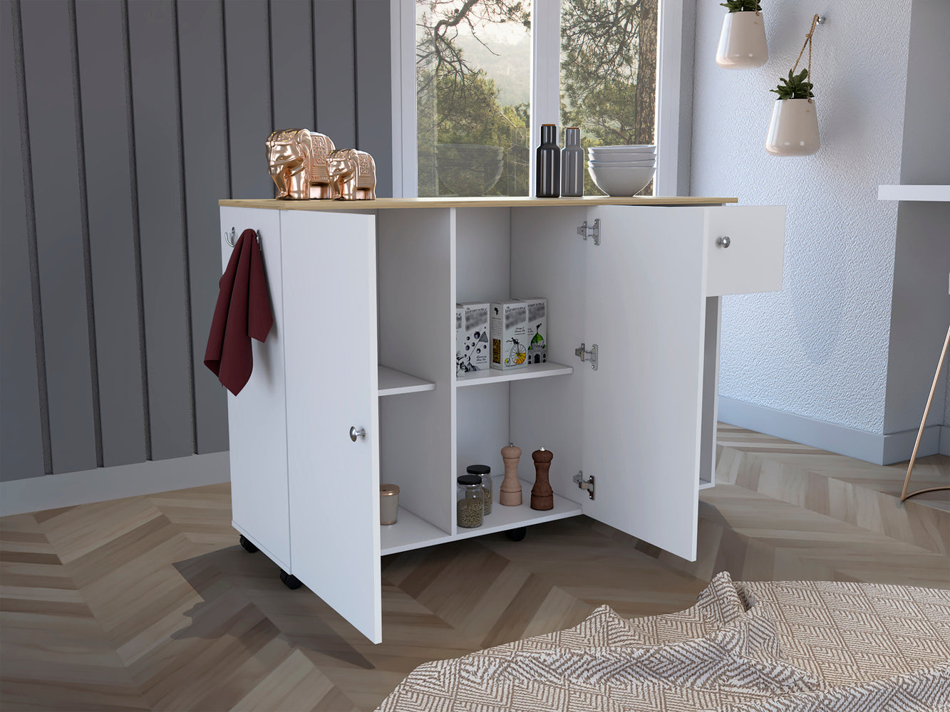 Syros Kitchen Island Cart, Six Carter, One Drawer, Double Door Cabinet, Two External Shelves, Four Interior Shelves