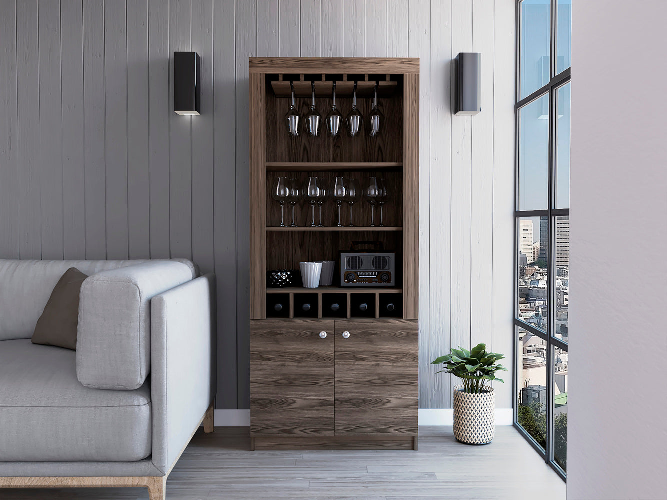 Dakota Bar Double Door Cabinet, Five Built-in Wine Rack, Three Shelves