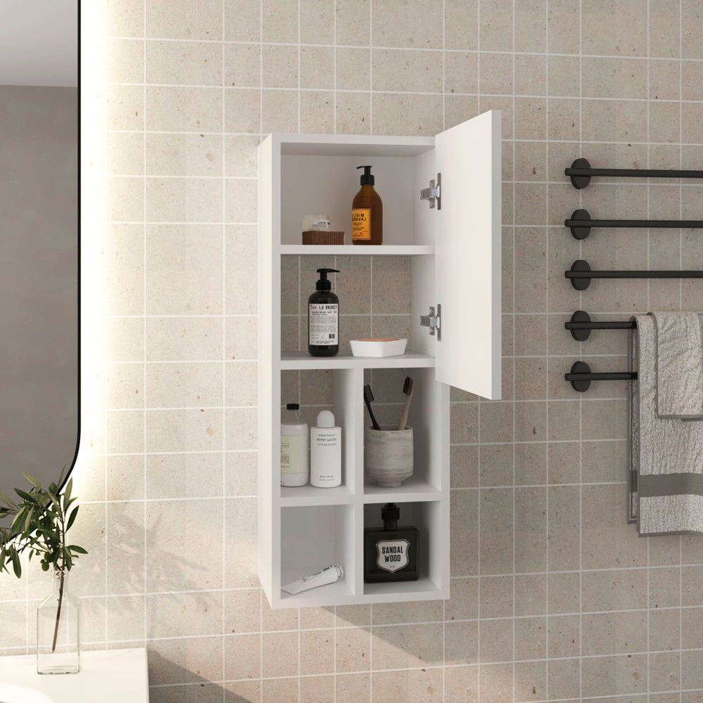 12-Inch Kinta Wall Cabinet with Single Door and 6 Open Shelves – Concealed Cabinet Storage