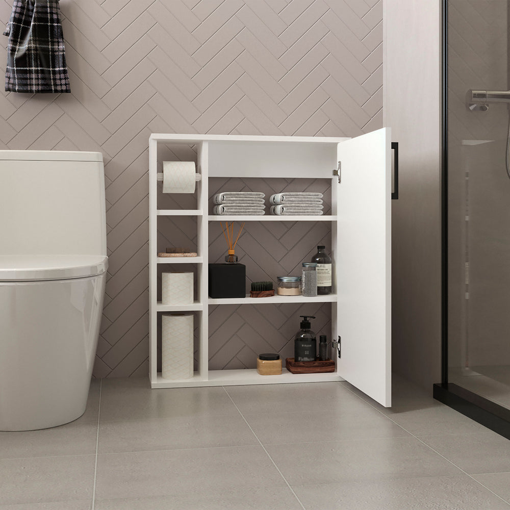 24-Inch Clayton Medicine Cabinet with Single Door and 7 Open Shelves – Enclosed Cabinet Storage