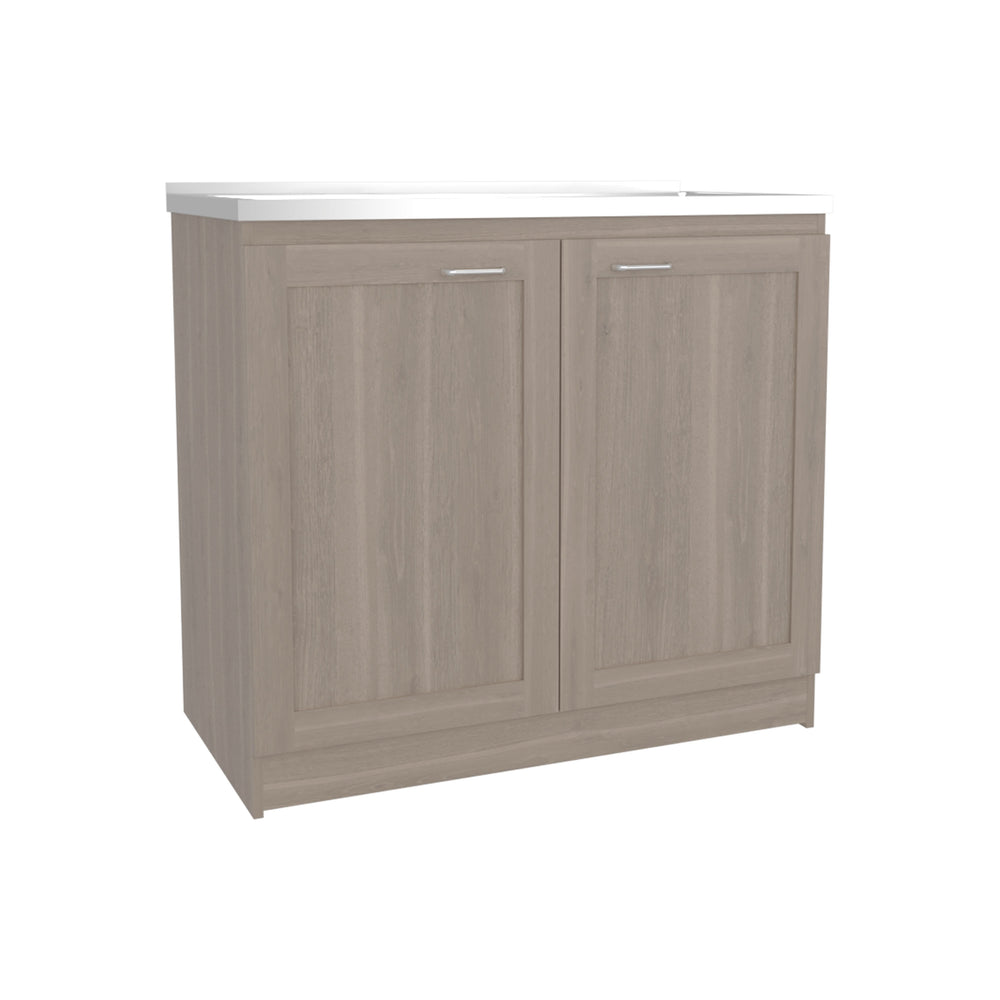 39-Inch Bickleton Freestanding Utility Sink Cabinet with Double Door and 2 Open Shelves – Enclosed Cabinet Storage