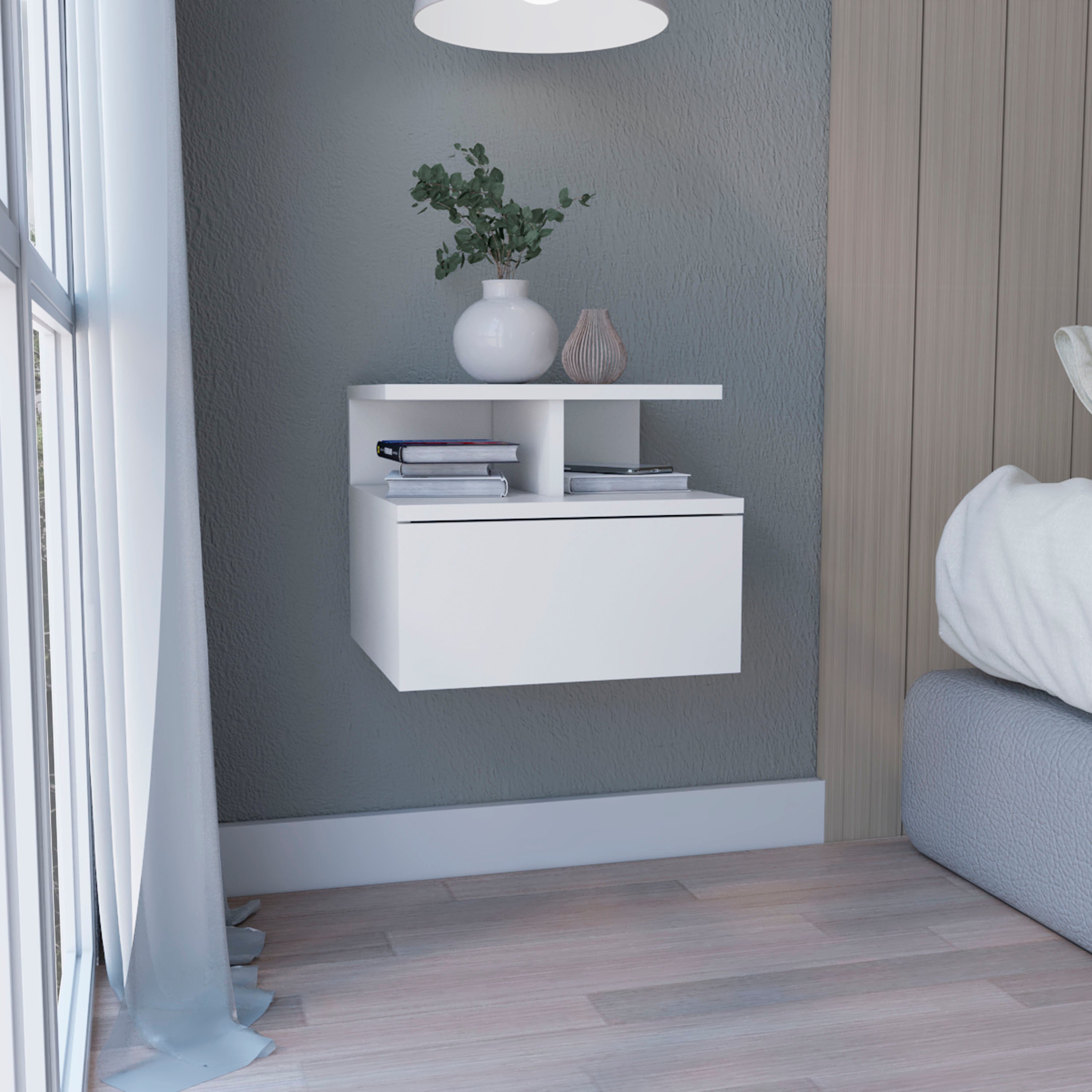 Seward Floating Nightstand, Wall Mounted with Single Drawer and Two-Tier Shelf