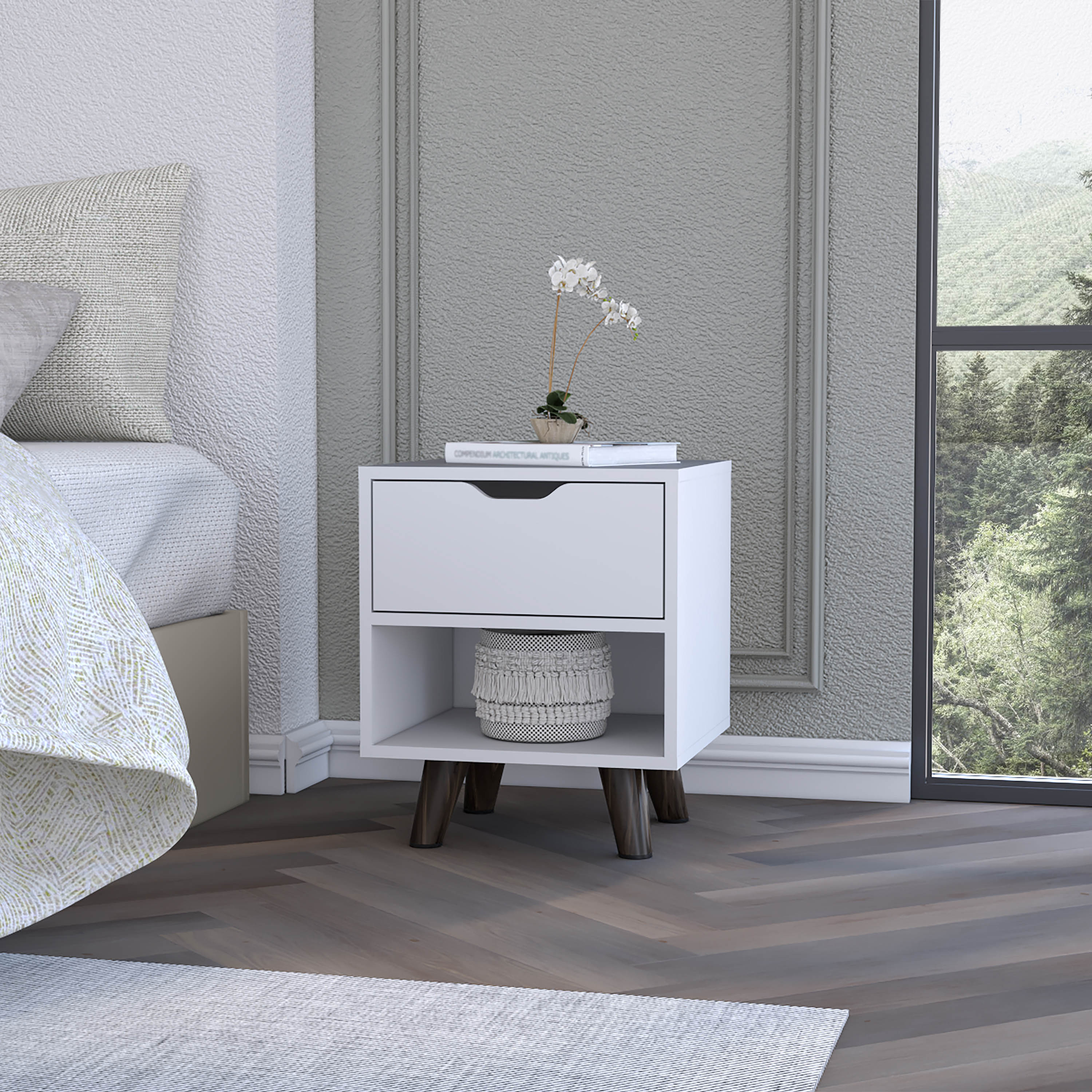 Cliff Modern Nightstand with Spacious Drawer, Open Storage Shelf and Chic Wooden Legs