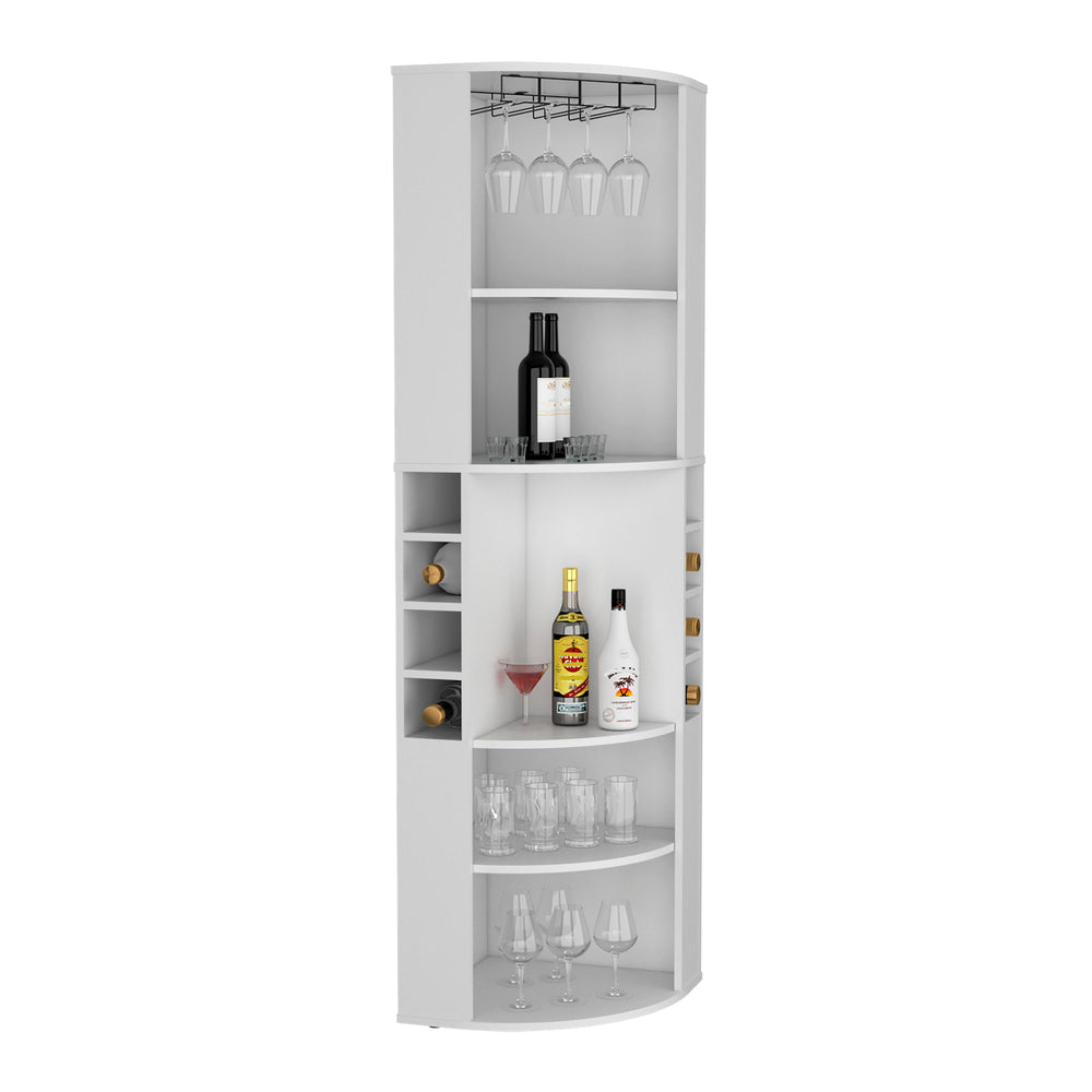 Agra Corner Bar Cabinet with 5 Open Shelves – Built-In Stemware Rack
