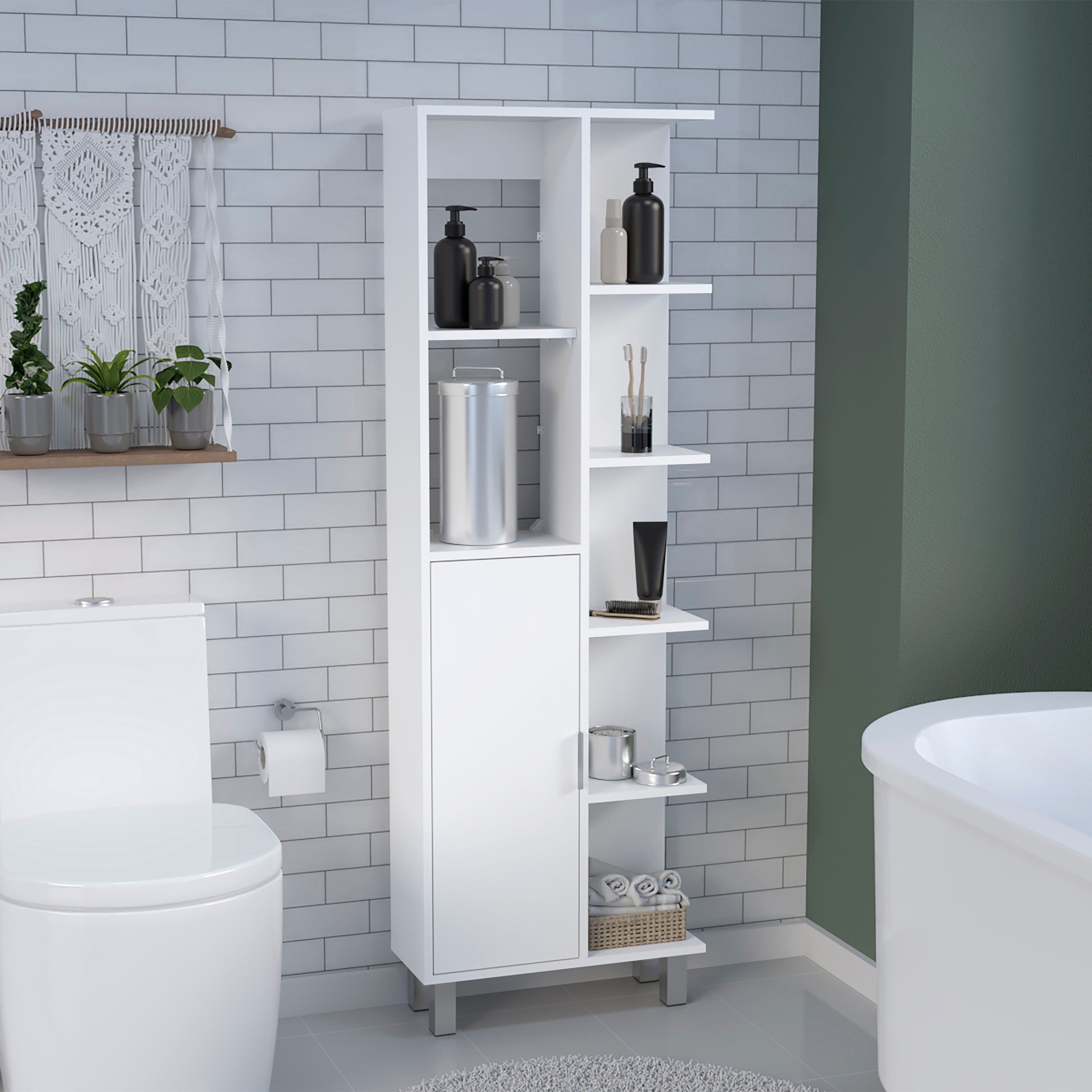 Mott Linen Bathroom Cabinet with Seven Open Shelves, One Drawer and four legs