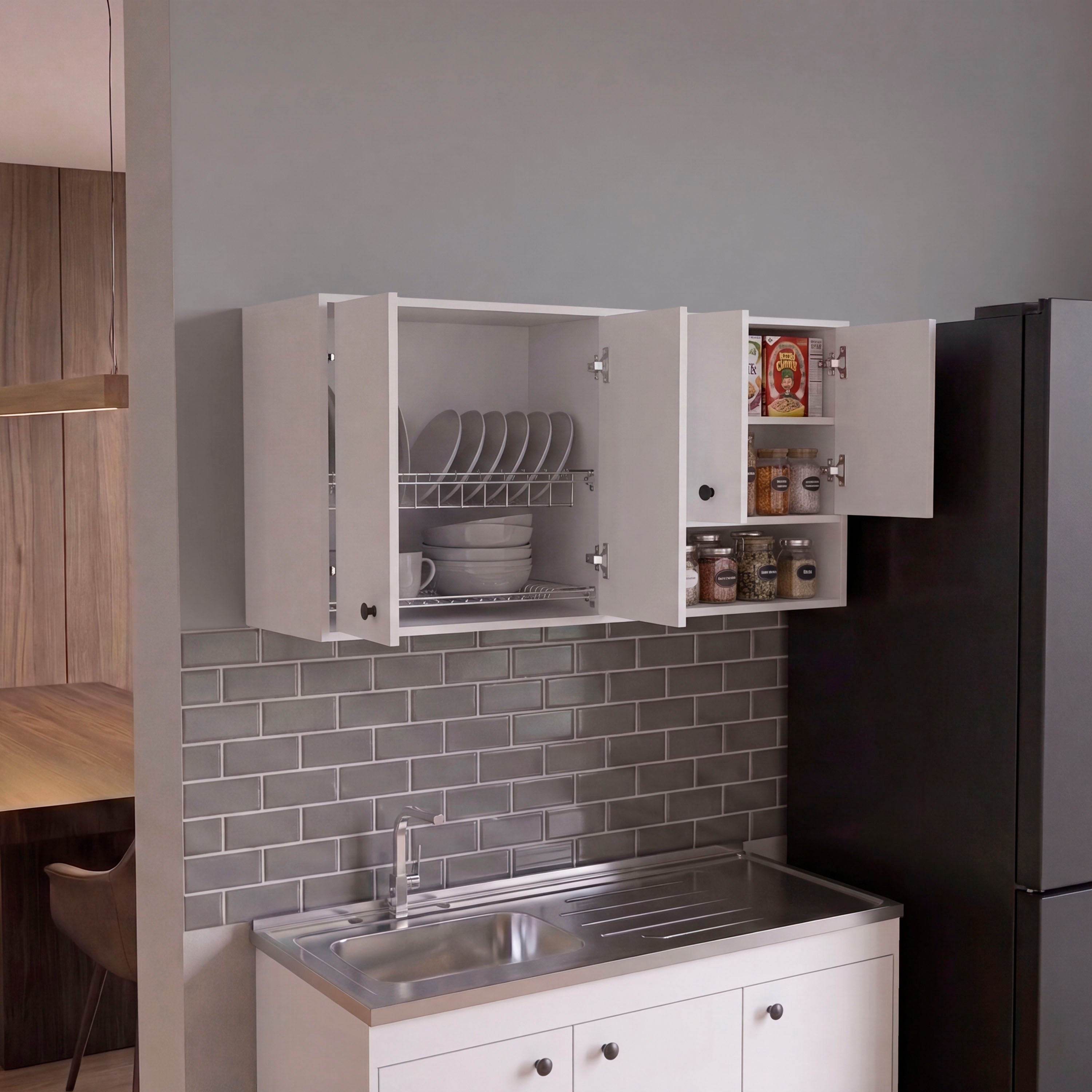 MLB 14774 - 120 Napoles wall kitchen cabinet (white), open doors, styled kitchen
