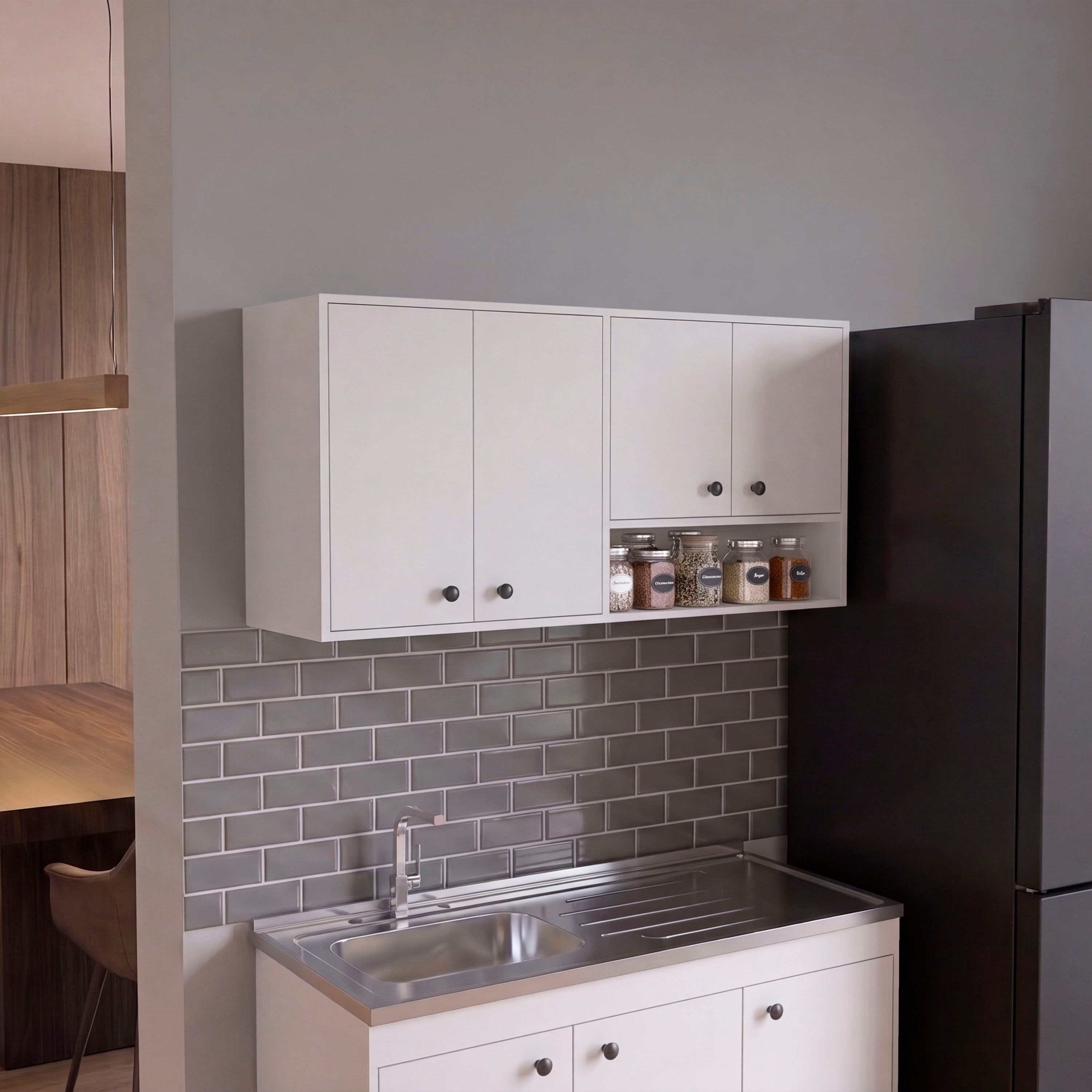 MLB 14774 - 120 Napoles wall kitchen cabinet (white), closed doors, styled kitchen