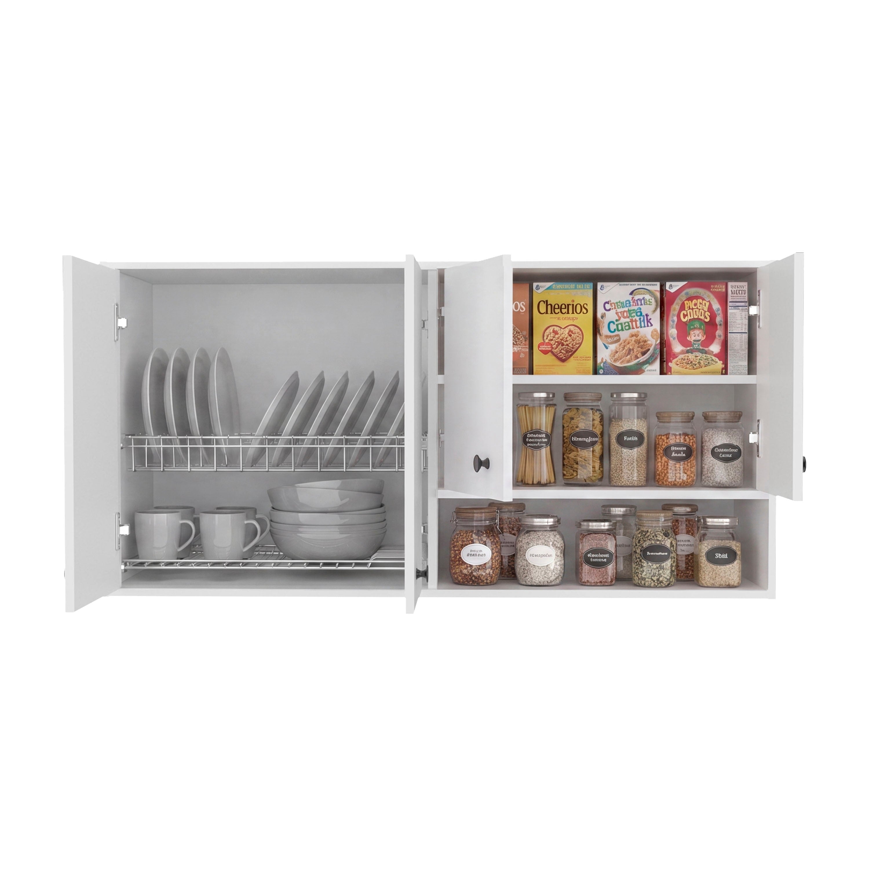 MLB 14774 - 120 Napoles wall kitchen cabinet (white), front view, open and styled, white background