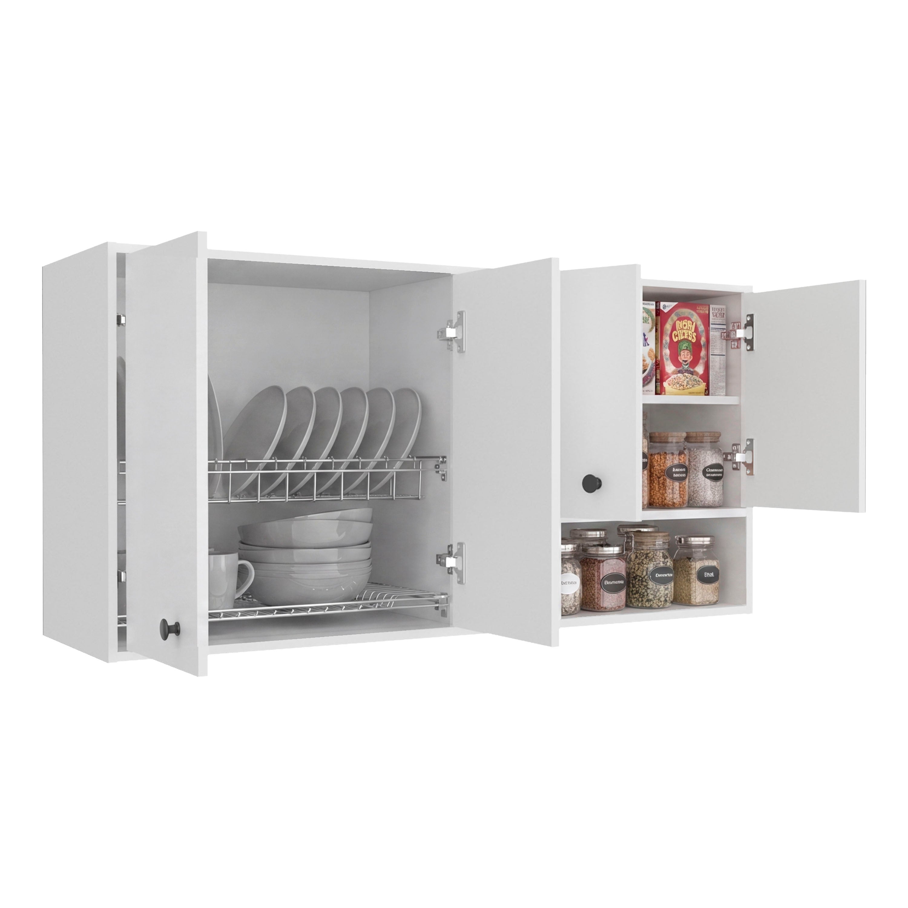 MLB 14774 - 120 Napoles wall kitchen cabinet (white), angled view, open and styled, white background