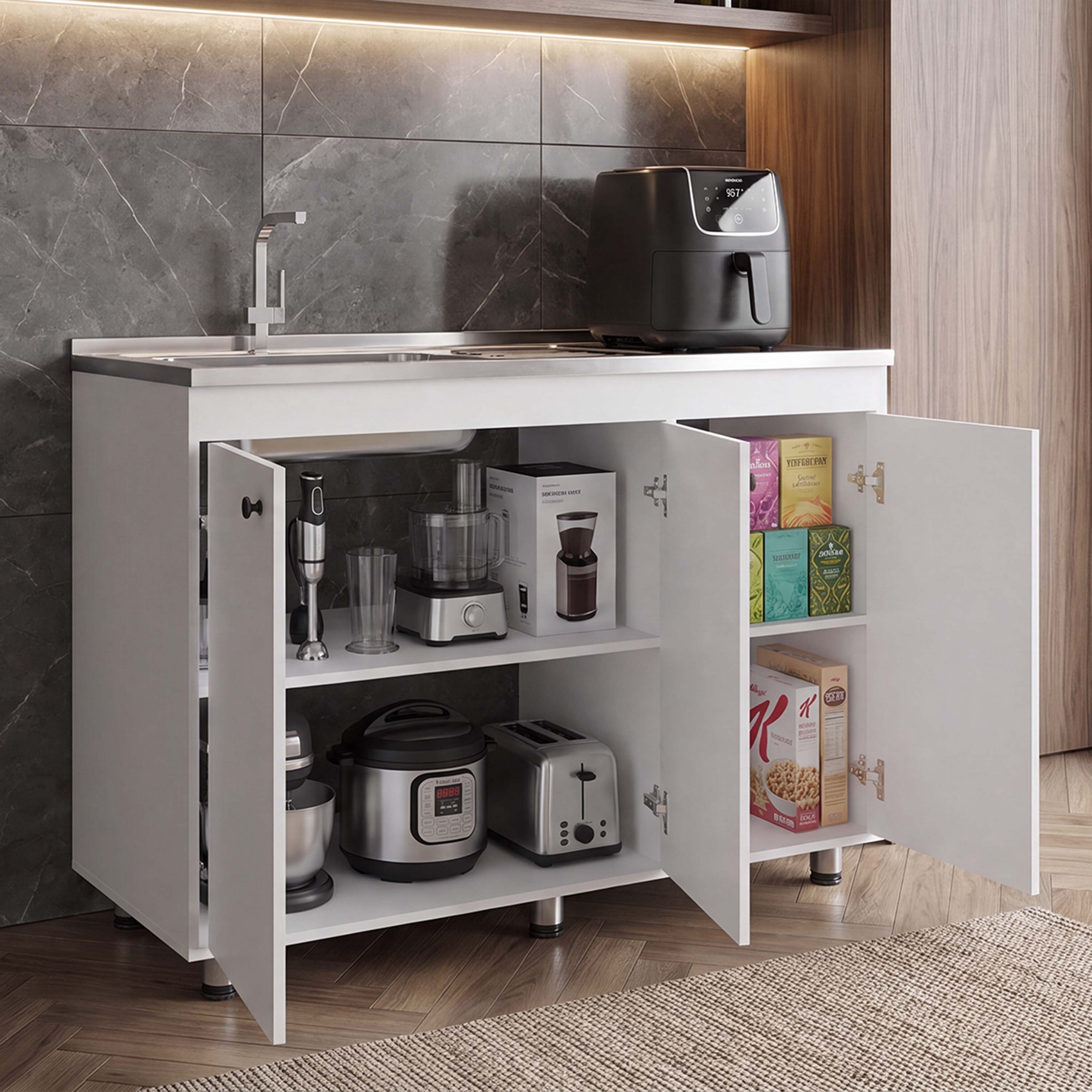 MLB 14775 - 120 Napoles base kitchen cabinet with sink (white), open doors, styled room