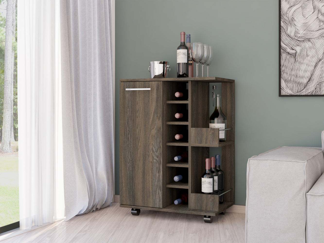 Magda Bar Cart, Four Casters, Six Built-in Wine Rack, Single Door Cabinet, Two External Shelves