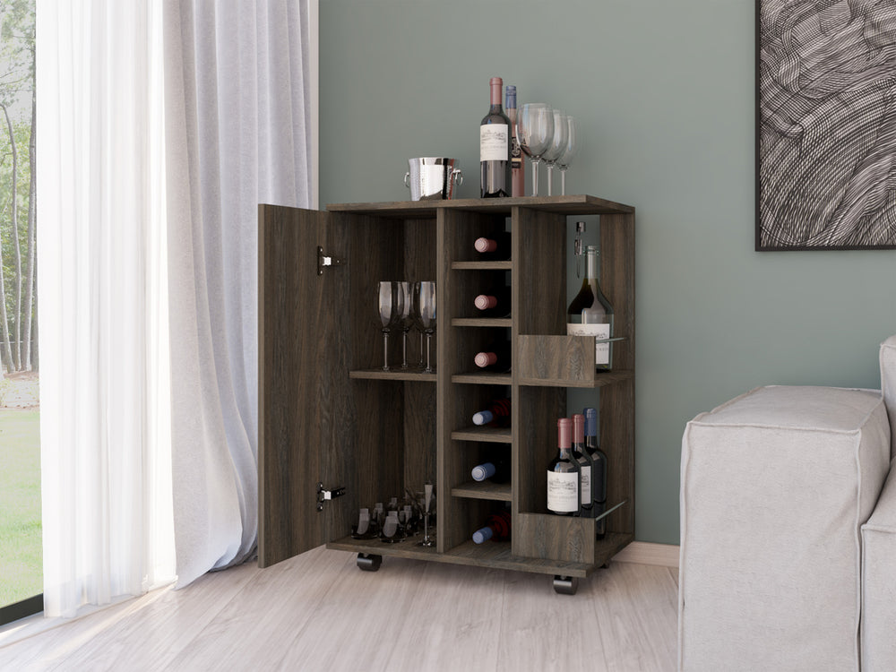 Magda Bar Cart with Wine Rack and Casters – Wine Storage Plus Concealed Cabinet