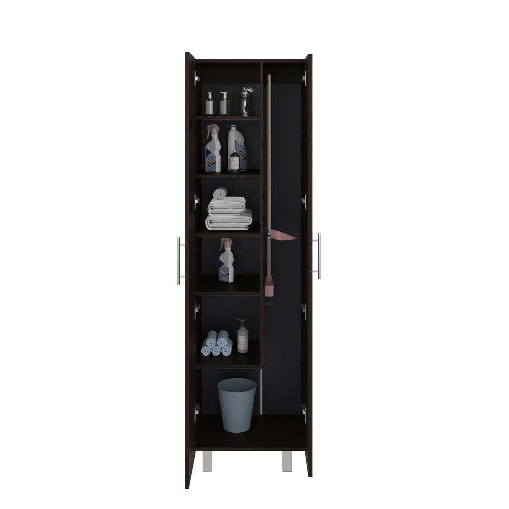 Nala Tall Cleaning Cabinet with Double Doors, Interior Shelving and a Full-Height Broom Compartment – Full-Height Broom Compartment