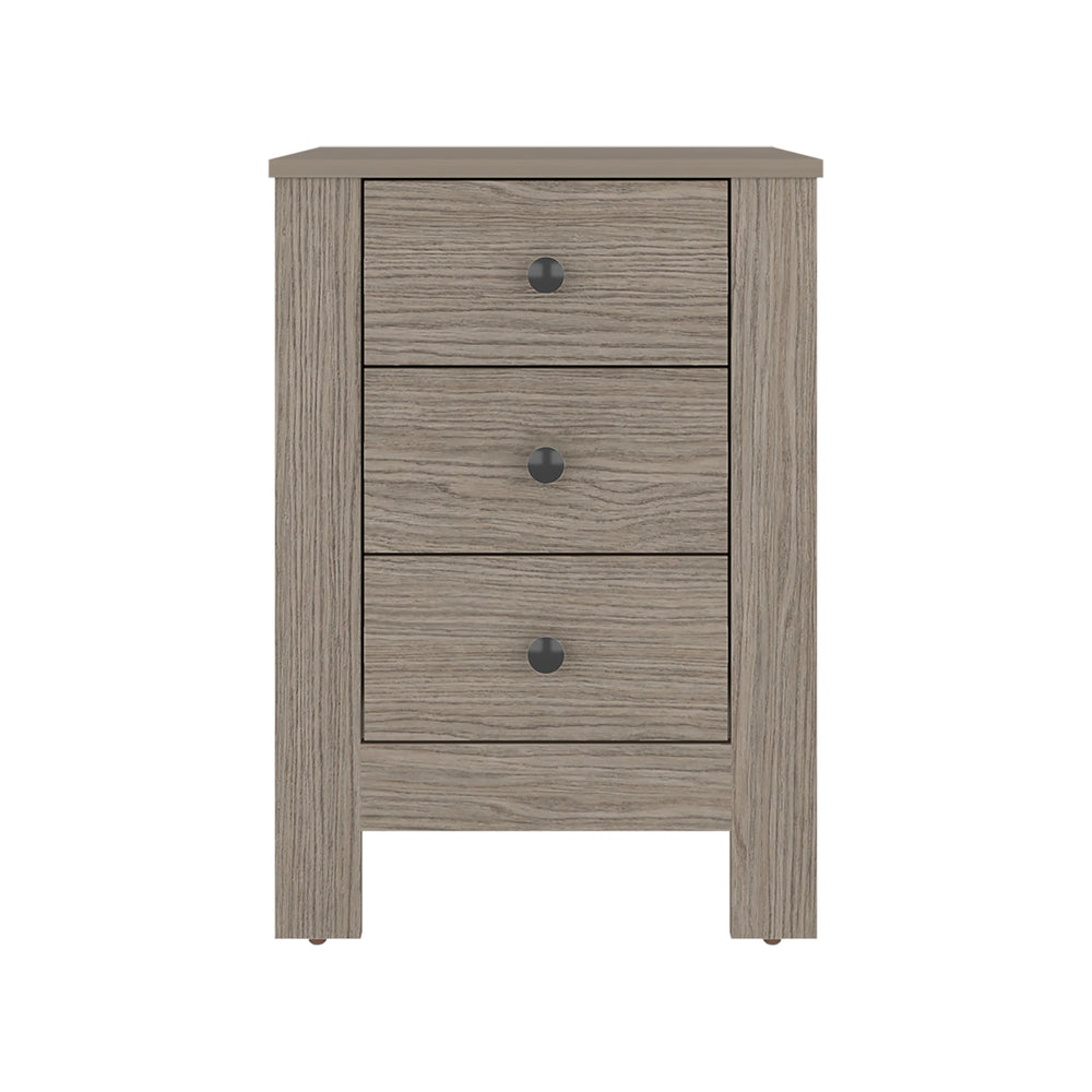 Wagram Nightstand with Graduated Drawer Storage and a Sturdy Leg Base for the Bedroom – Warm Gray Oak Finish
