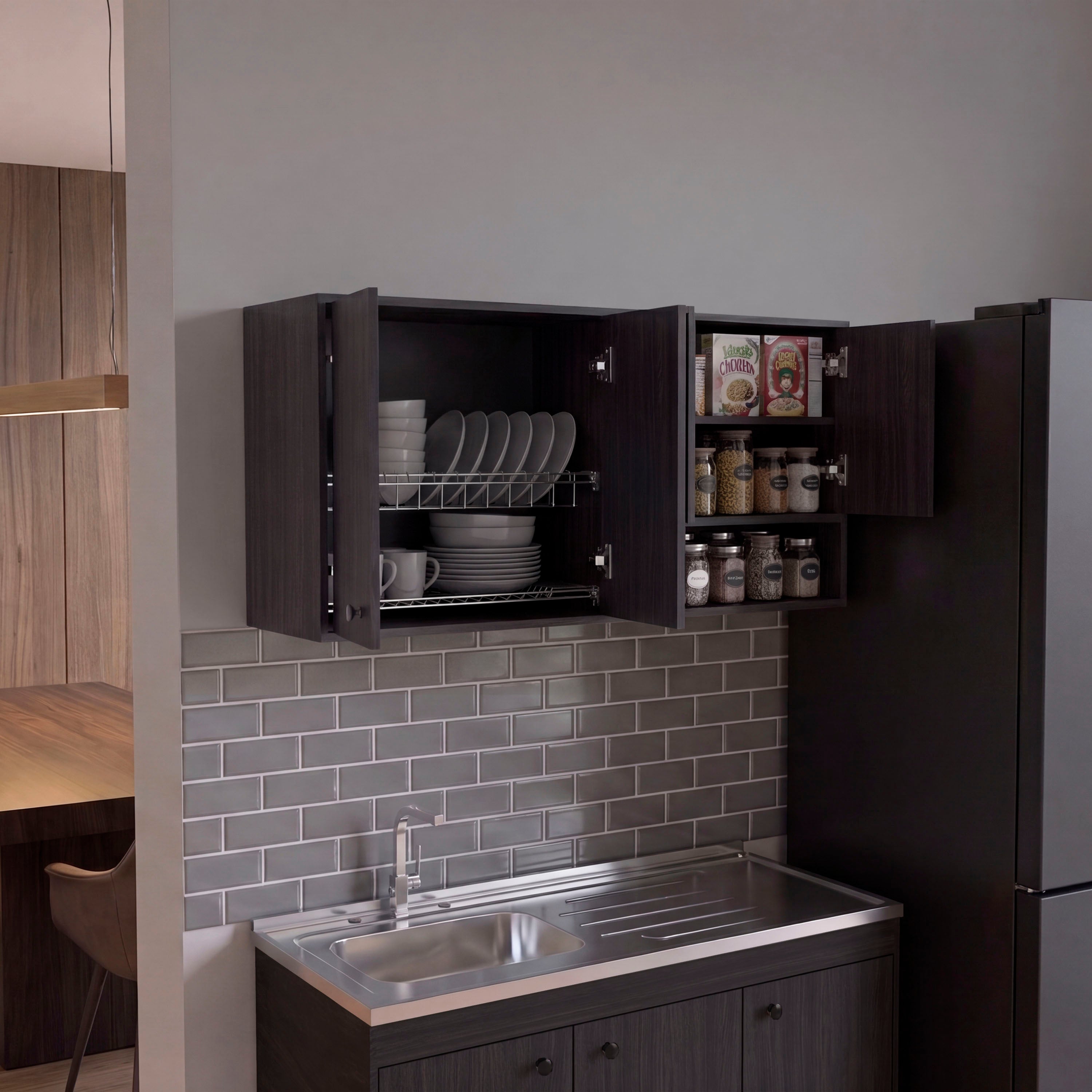 MLW 14776 - 120 Napoles wall kitchen cabinet (wengue), open doors, styled kitchen