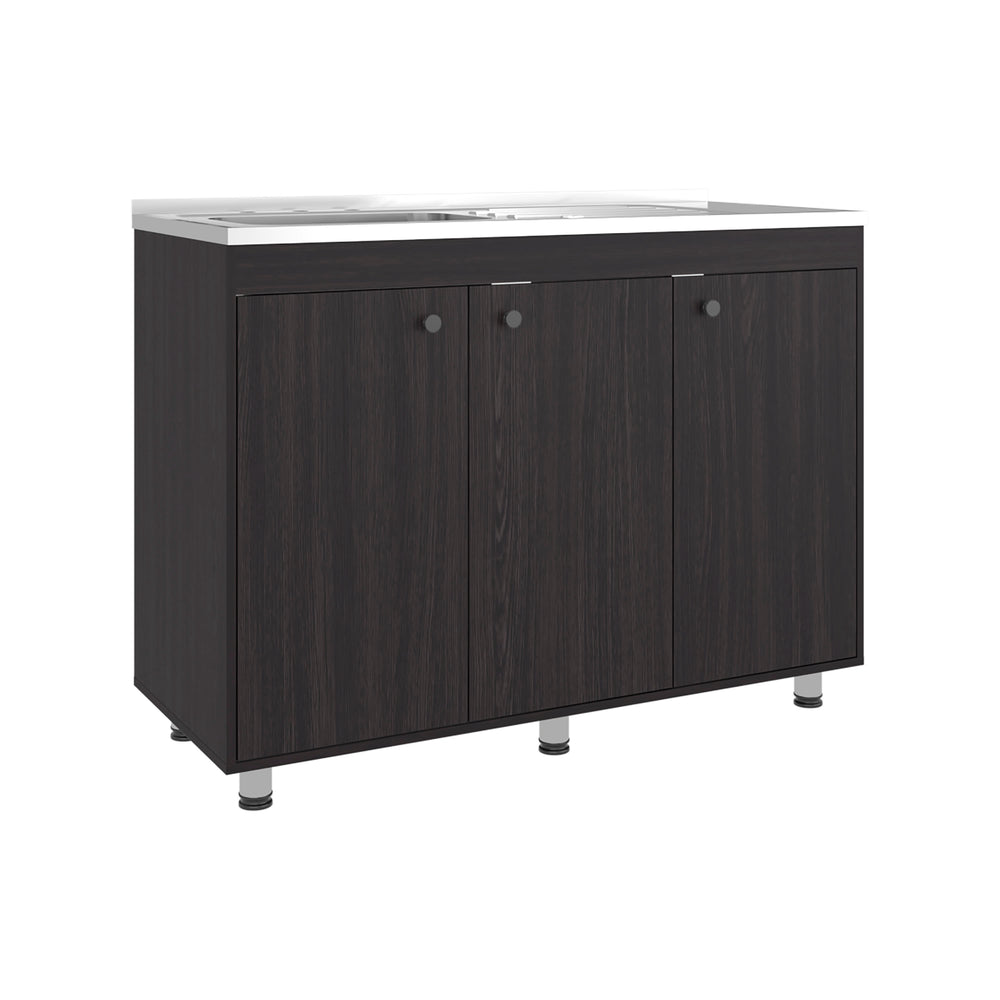 Spindale Sink Base Cabinet, Kitchen Cabinet with Integrated Sink and Drainboard, Interior Shelves and Doors – Raised on Metal Legs