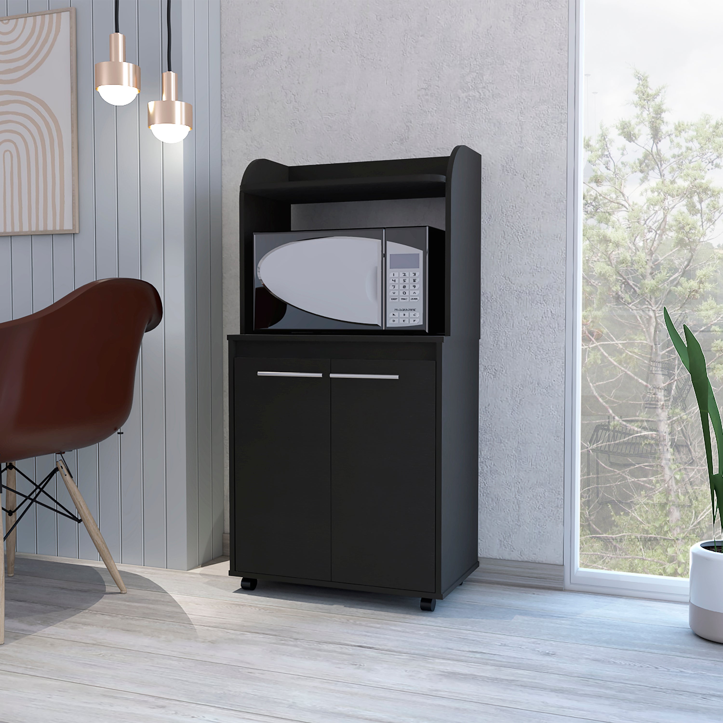 MLW 6770 - Black microwave kitchen cart, closed doors, styled room