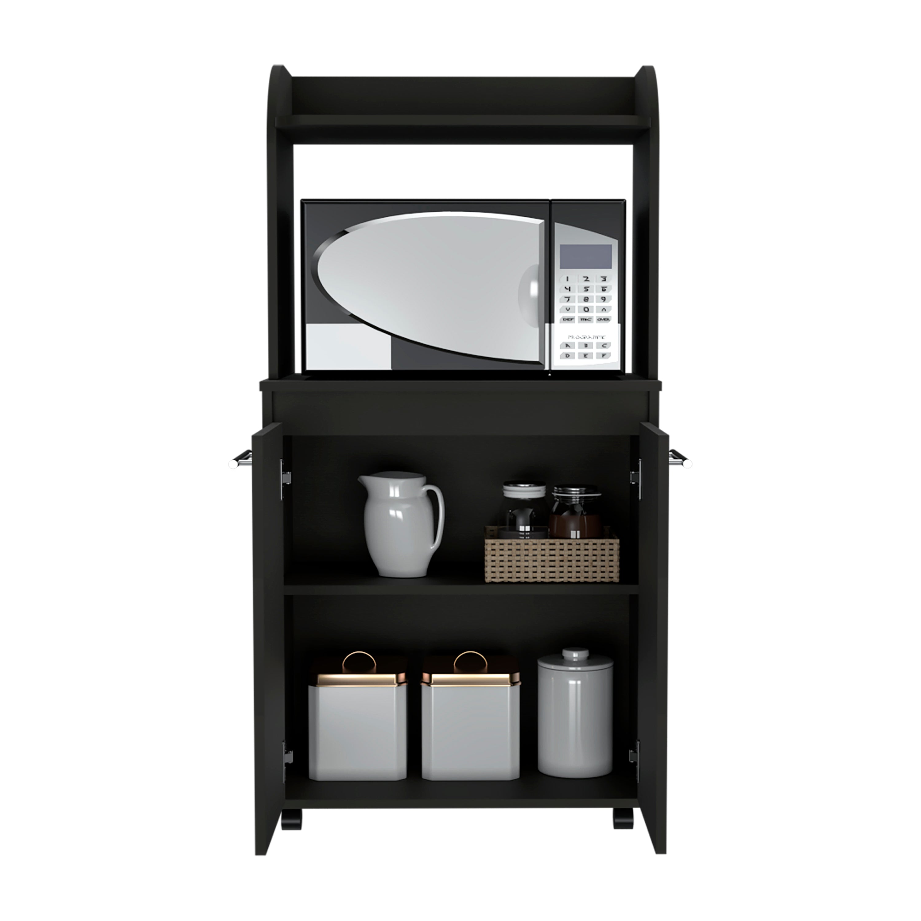 MLW 6770 - Black microwave kitchen cart, front view, open and styled, white background