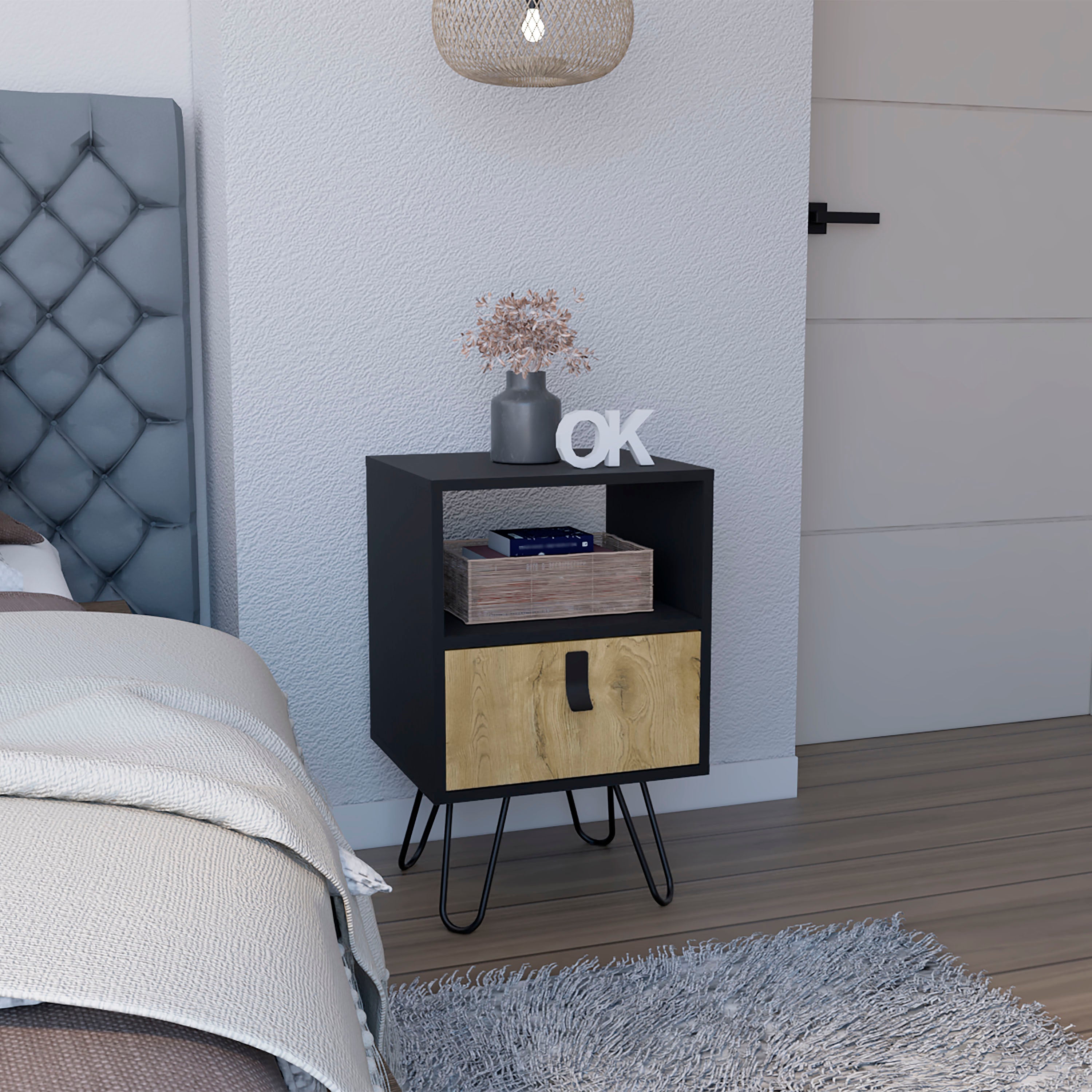 Toka Nightstand, Sleek Design with Hairpin Legs and Drawer