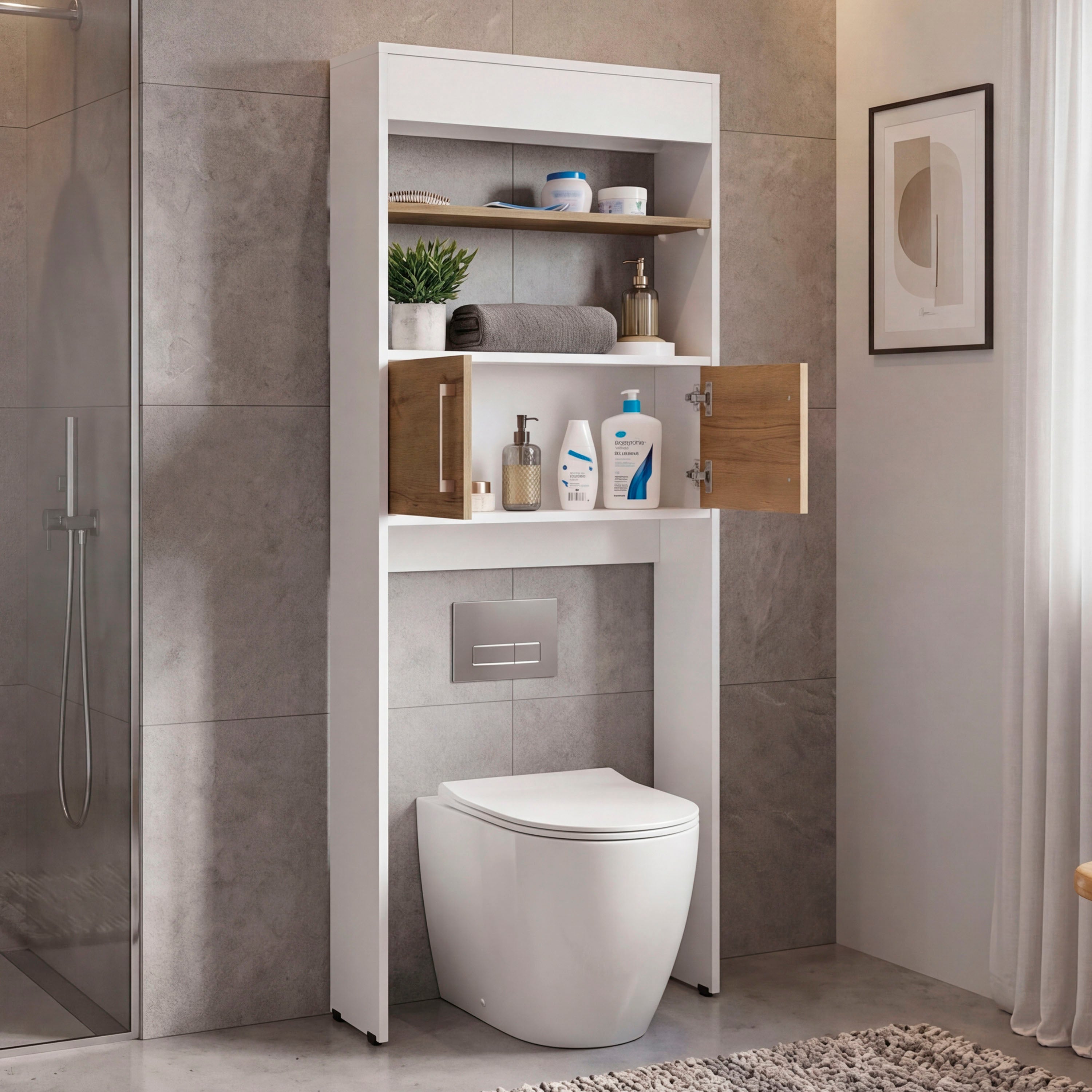 OBF 14700 - Over-the-toilet cabinet, open doors, styled bathroom