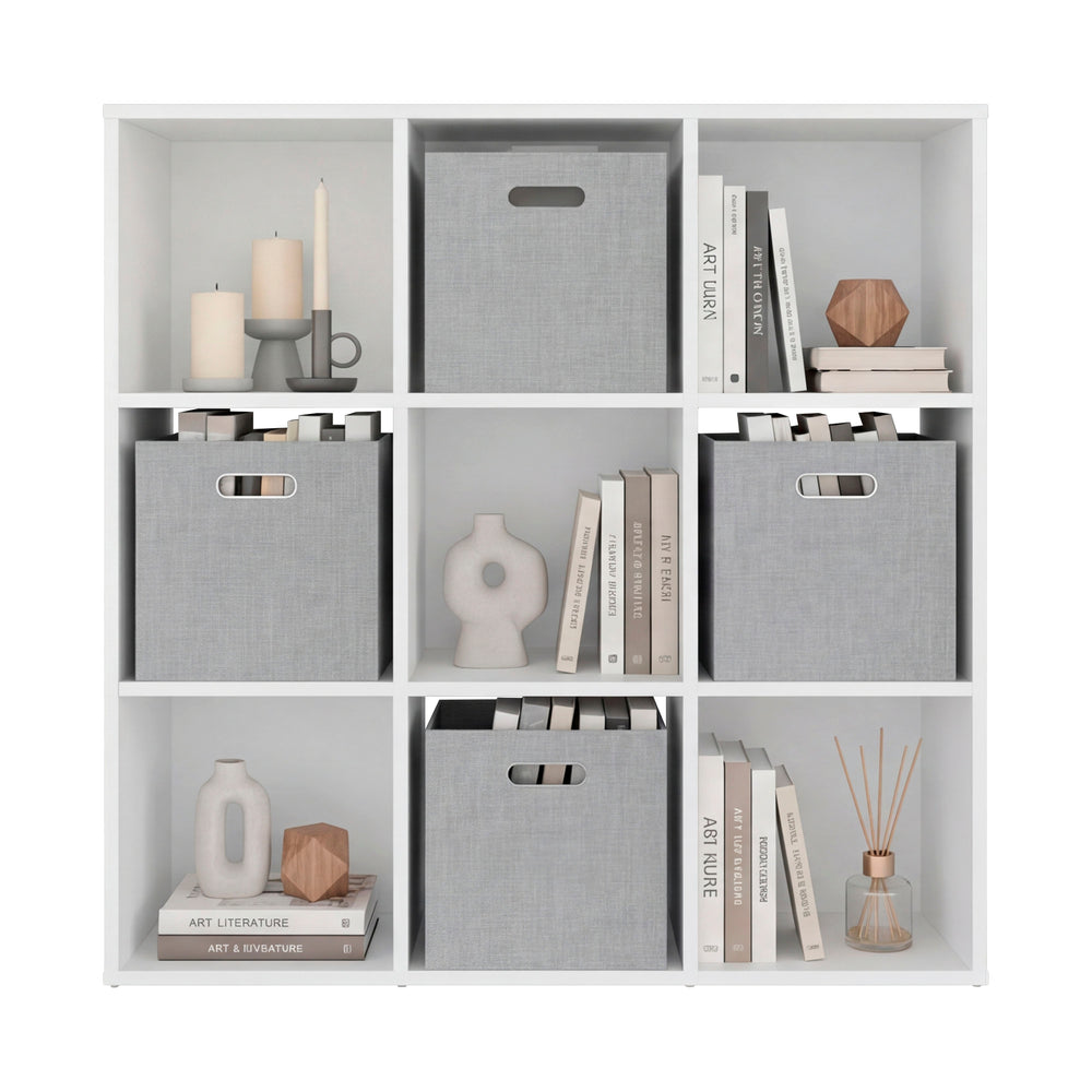 Brook Cubic Storage Organizer with Open Display Cubbies and Fabric Storage Bins for Living Room Organization – Bright White Finish
