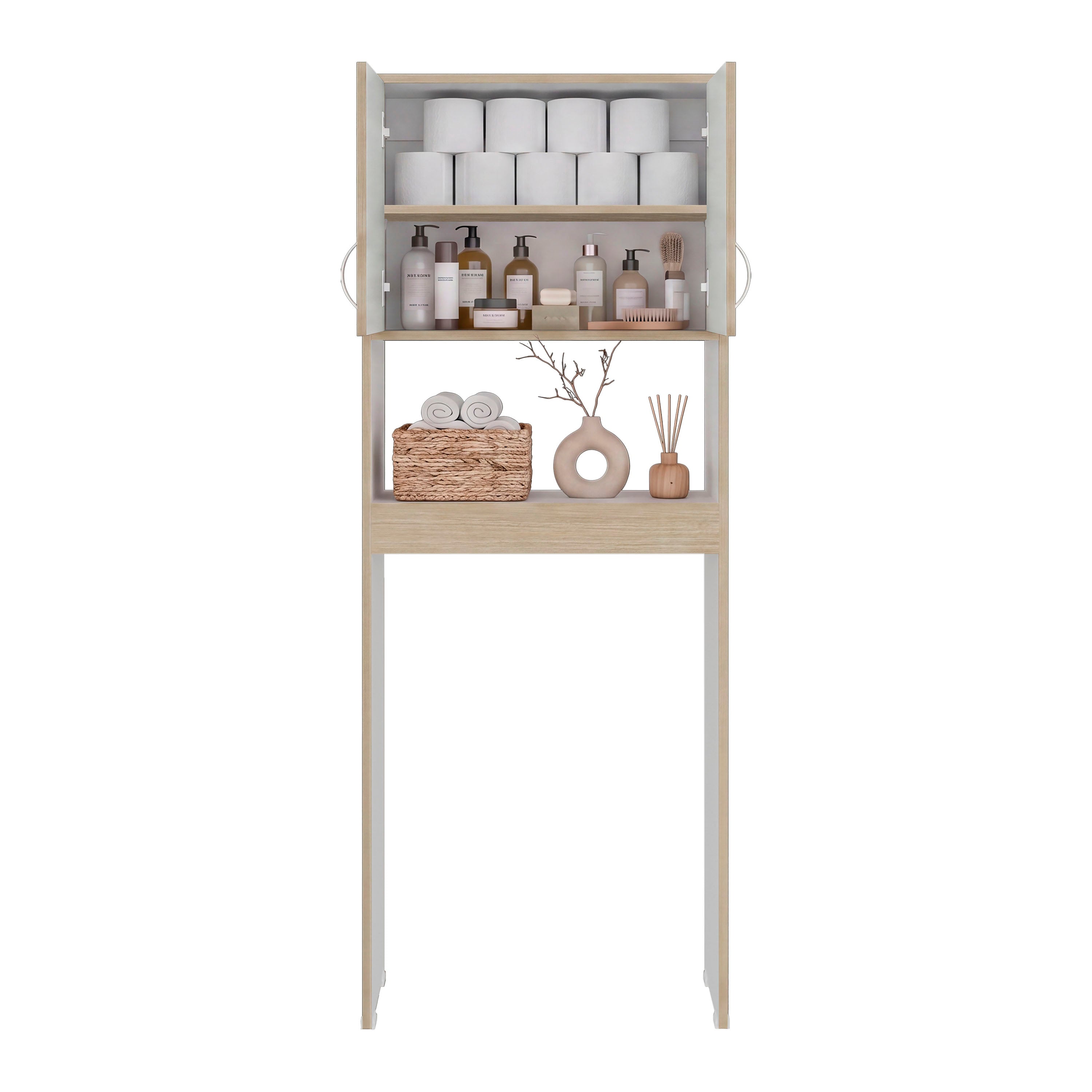 OCB 14698 - Over-the-toilet cabinet, front view, open and styled, white background