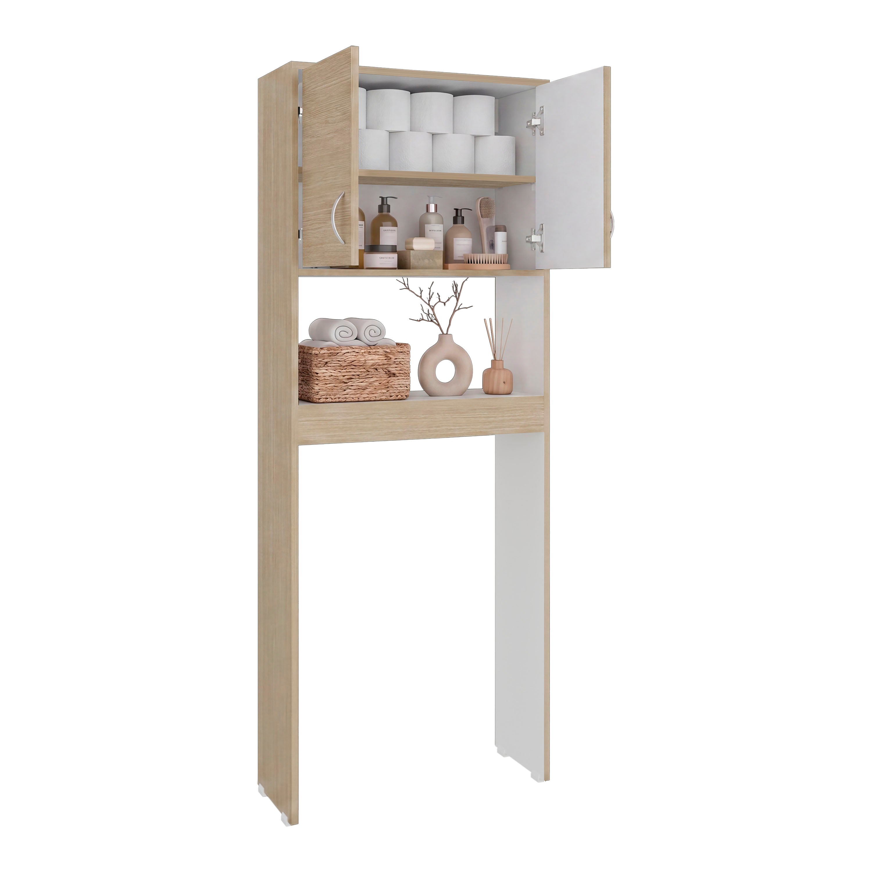 OCB 14698 - Over-the-toilet cabinet, angled view, open and styled, white background