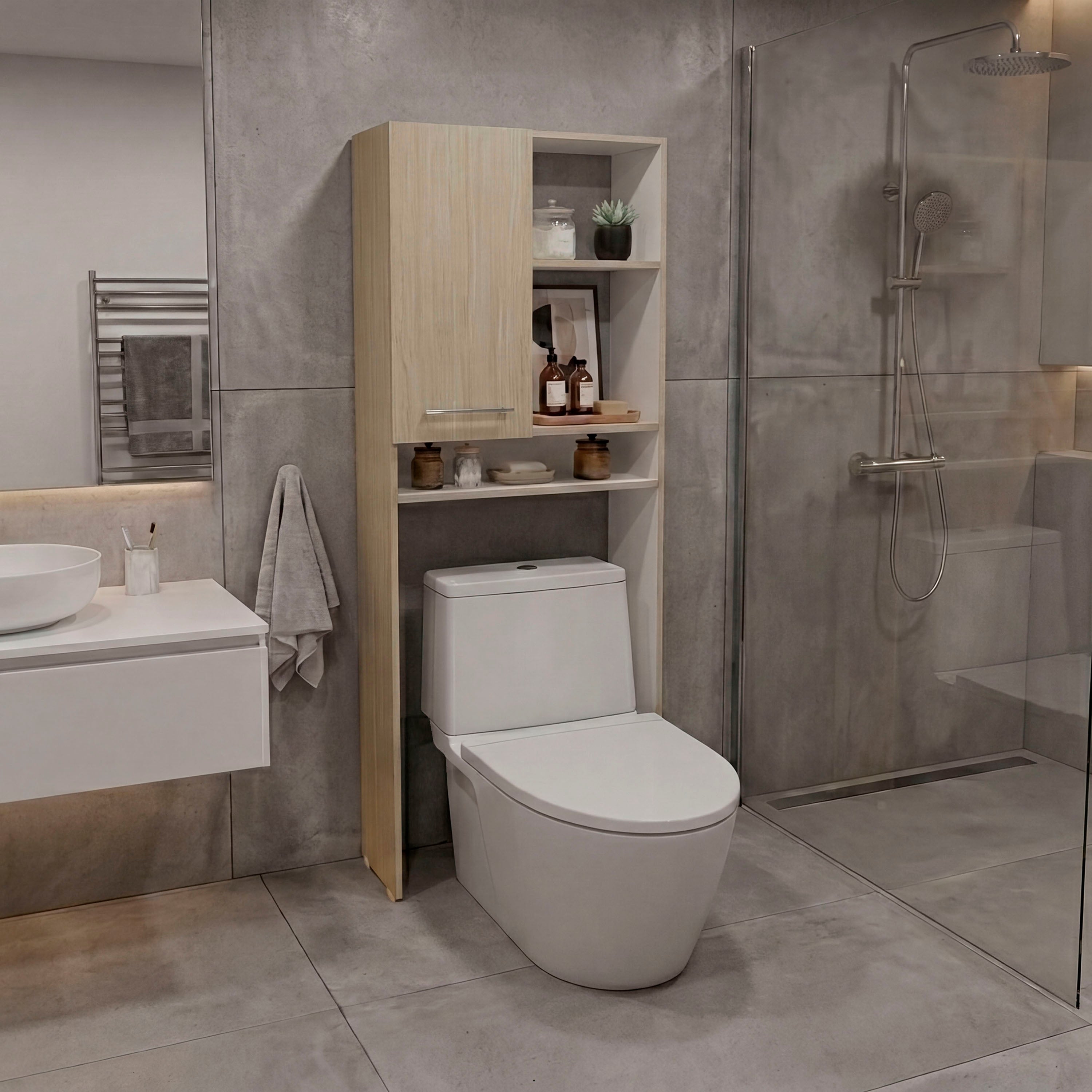 OCB 14707 - Over-the-toilet cabinet, Cartagena oak and white, closed door, styled bathroom