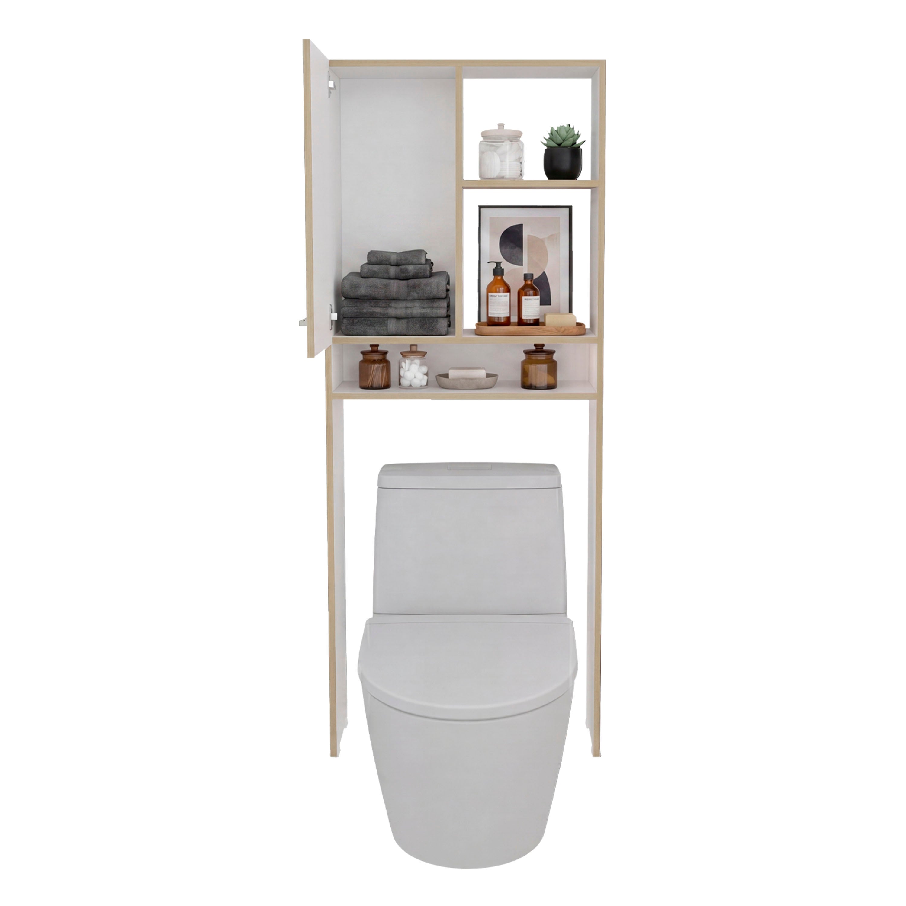 OCB 14707 - Over-the-toilet cabinet, Cartagena oak and white, front view, open and styled, white background