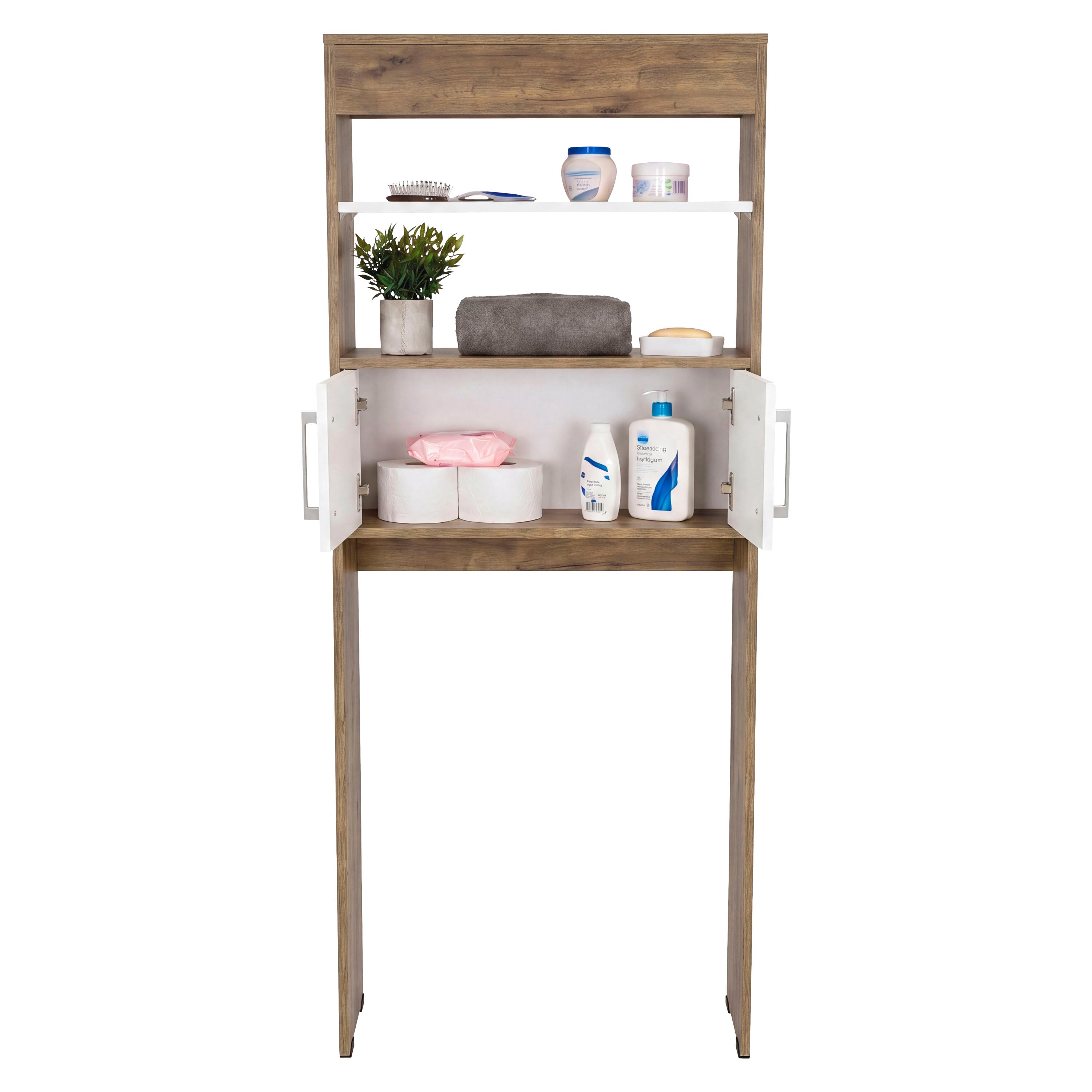 OFB 14701 - Over-the-toilet cabinet, front view, open and styled, white background