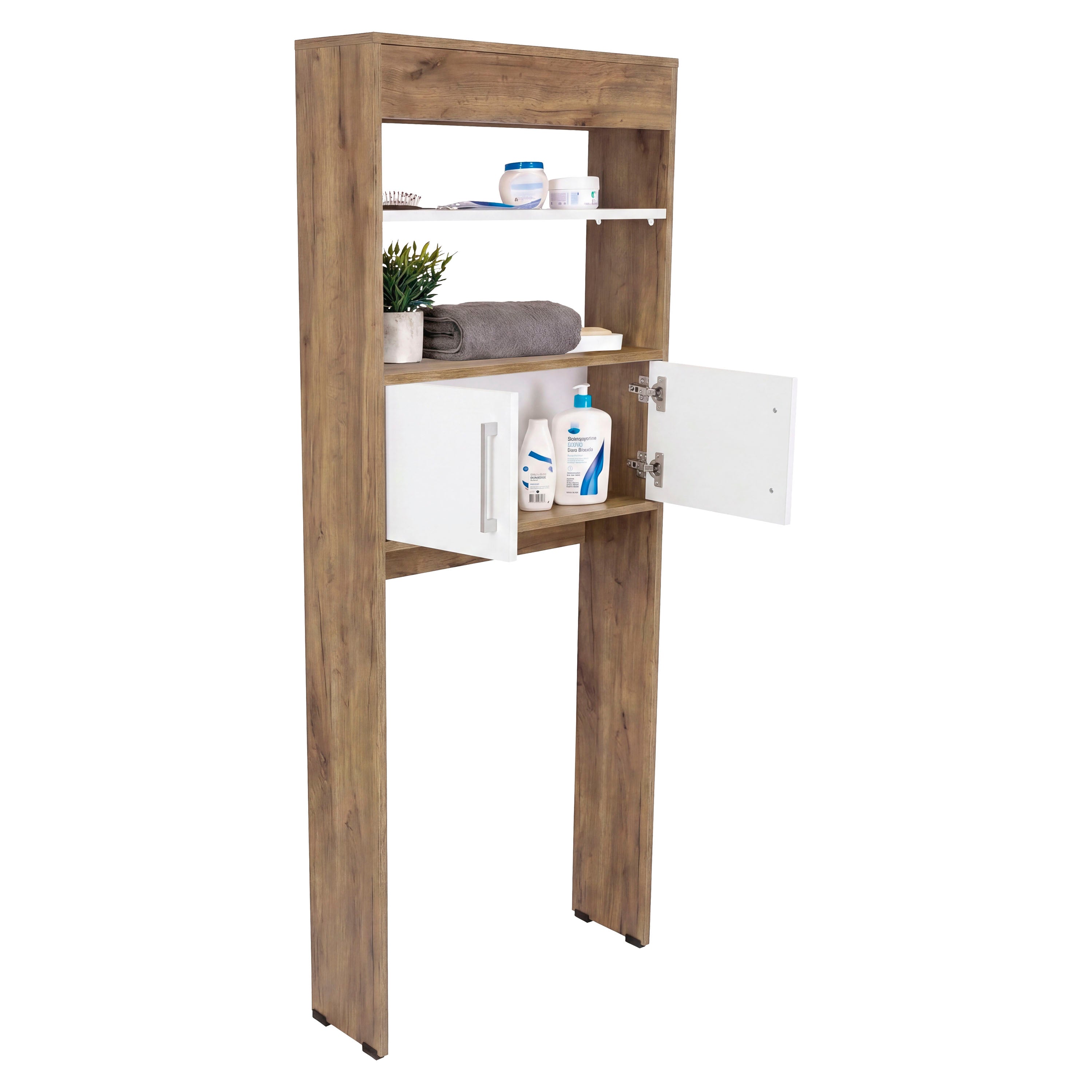 OFB 14701 - Over-the-toilet cabinet, angled view, open and styled, white background
