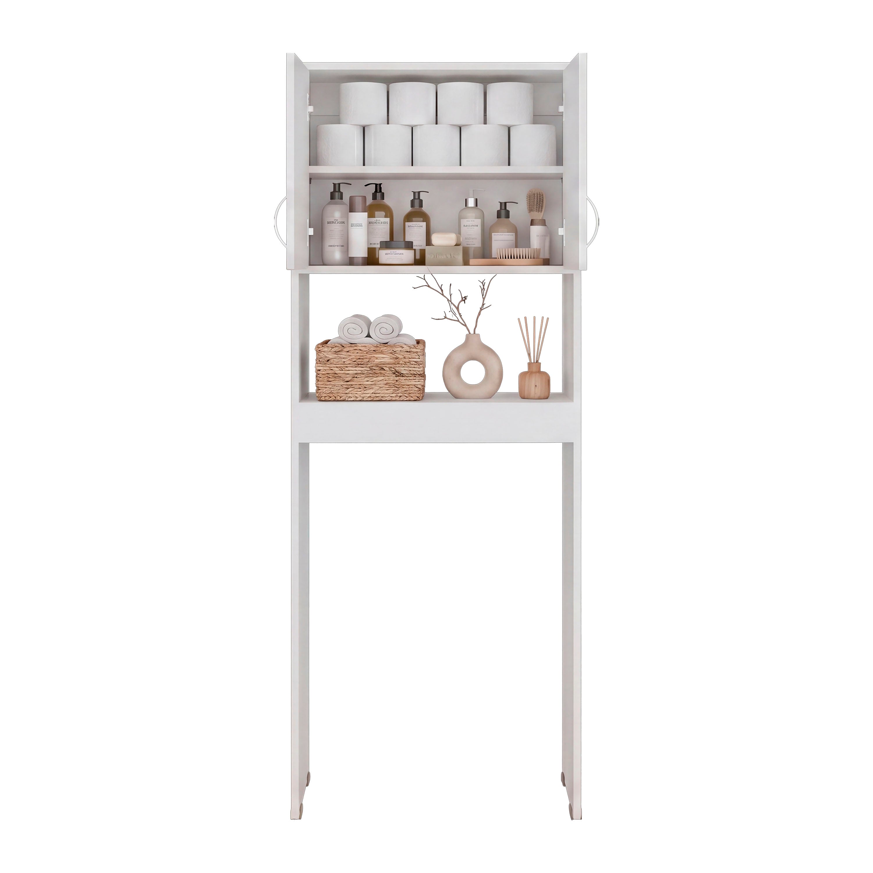 OLB 14696 - Over-the-toilet cabinet, front view, open and styled, white background