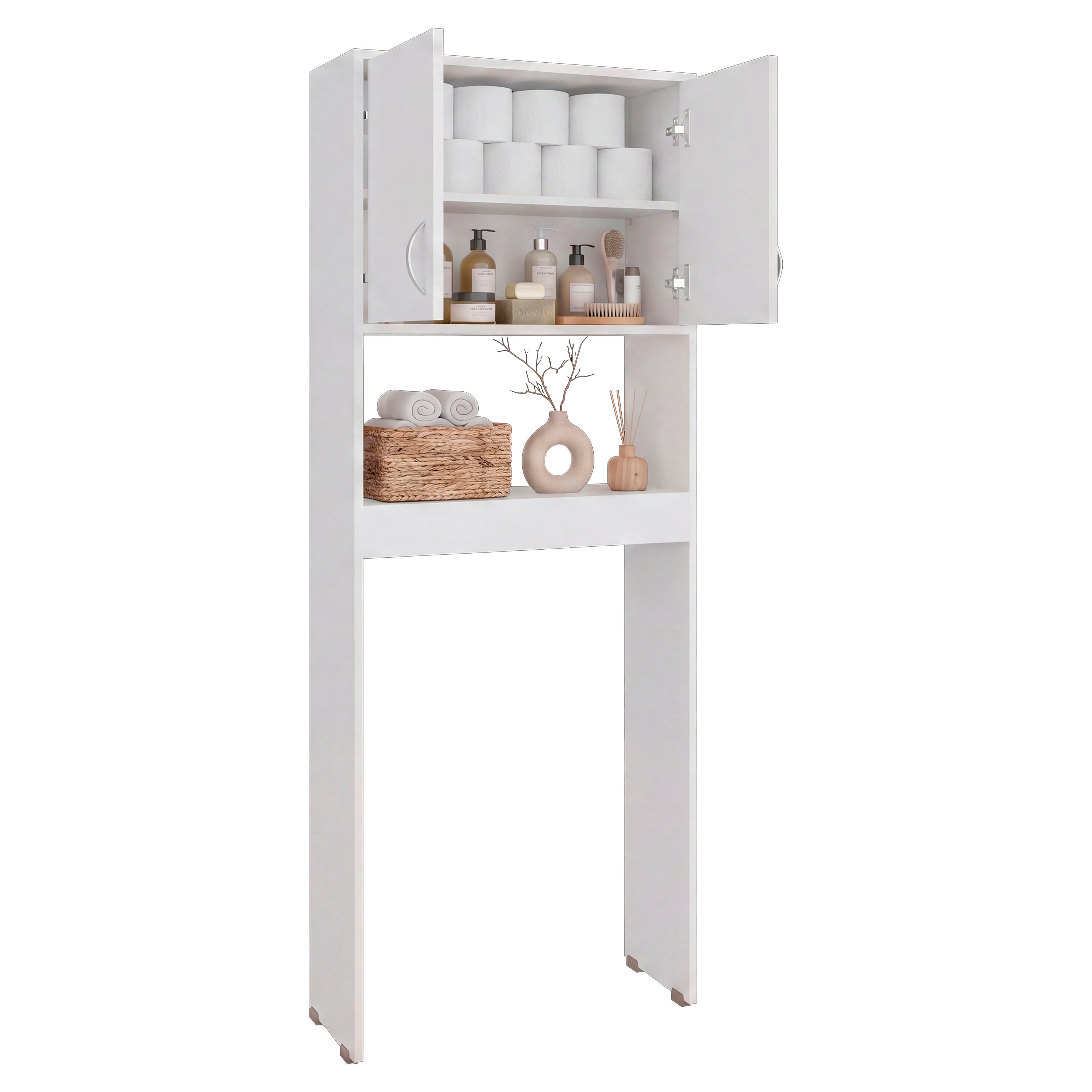 OLB 14696 - Over-the-toilet cabinet, angled view, open and styled, white background