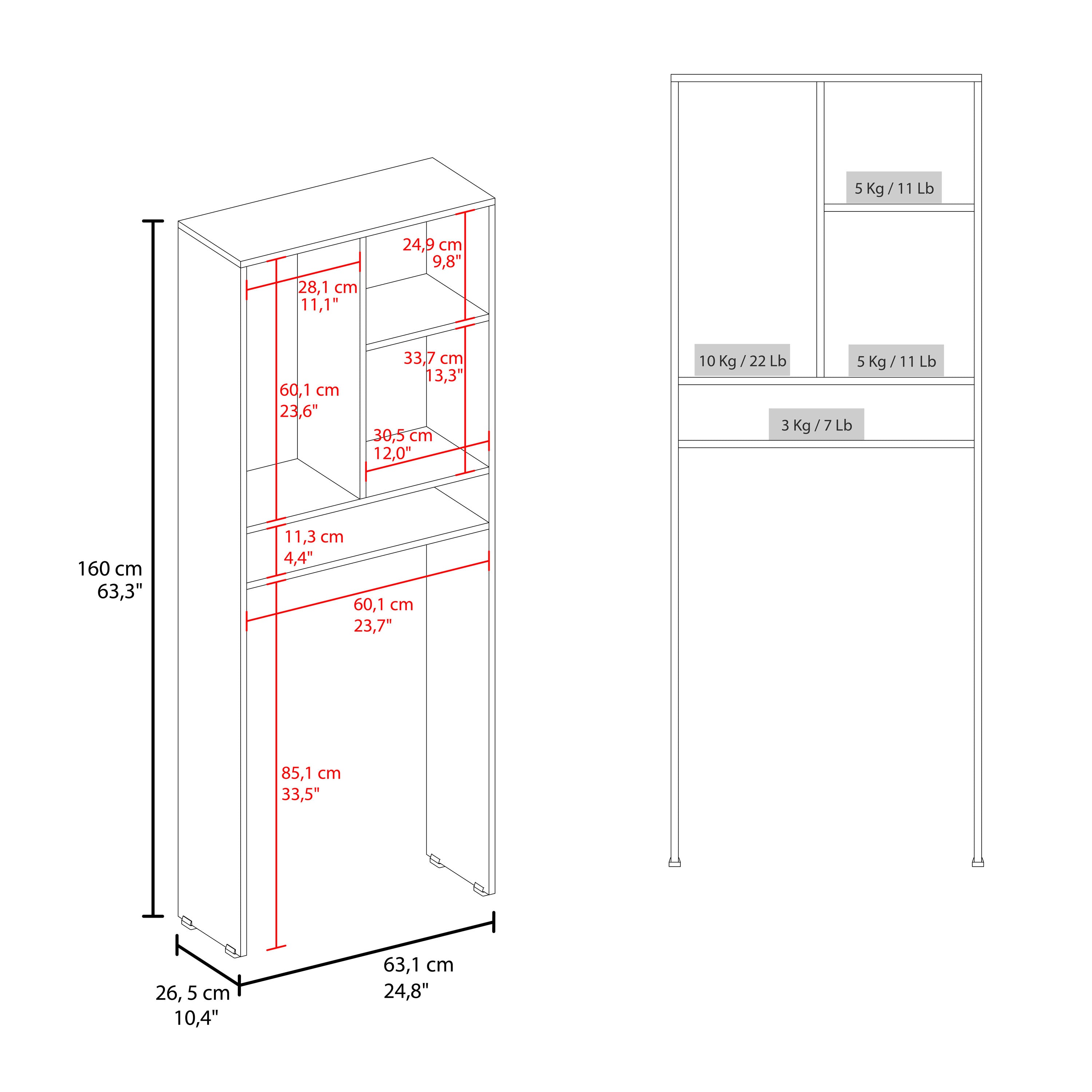 OLB 14705 - Over-the-toilet cabinet internal dimensions and shelf weight capacity