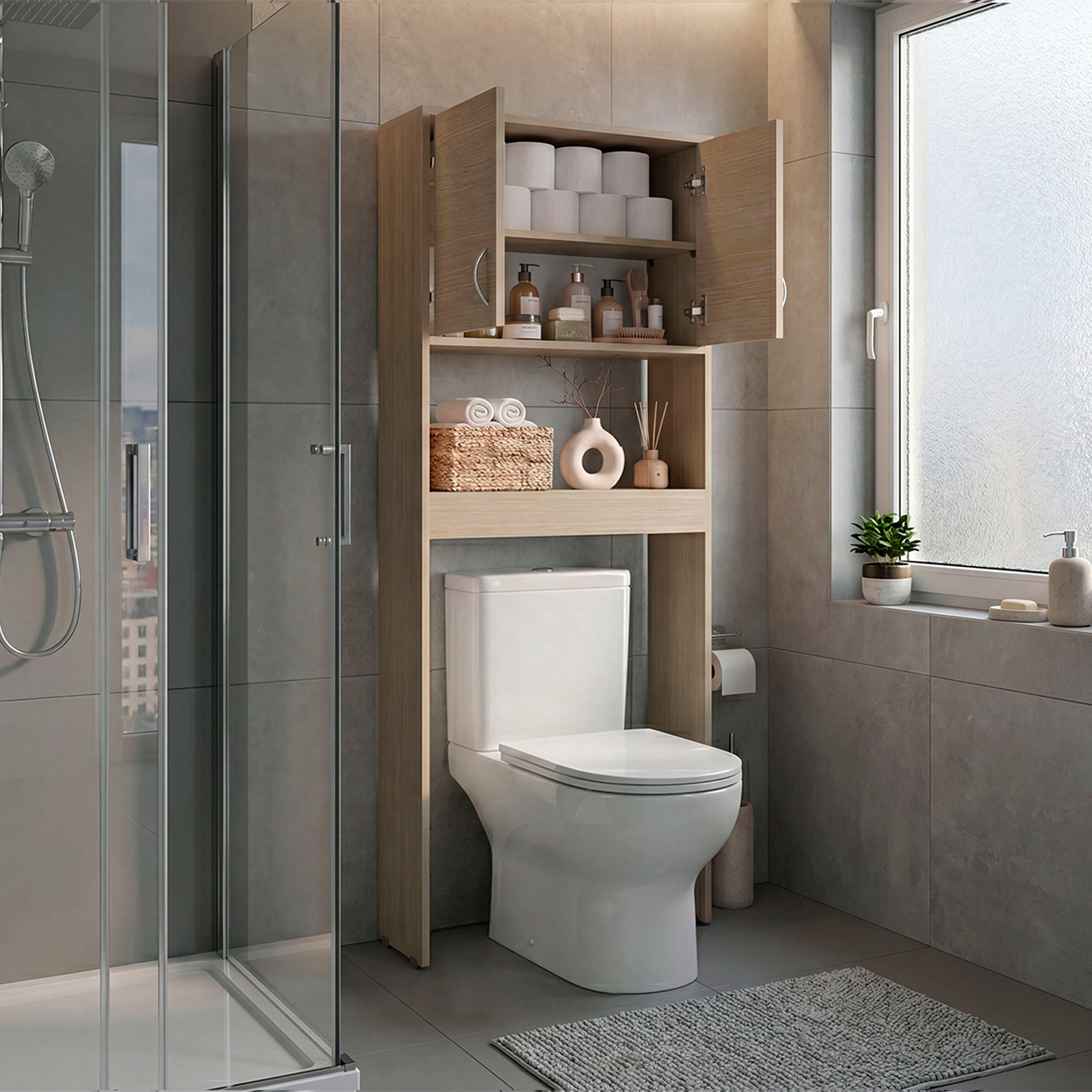 OLC 14697 - Over-the-toilet cabinet, open doors, styled bathroom