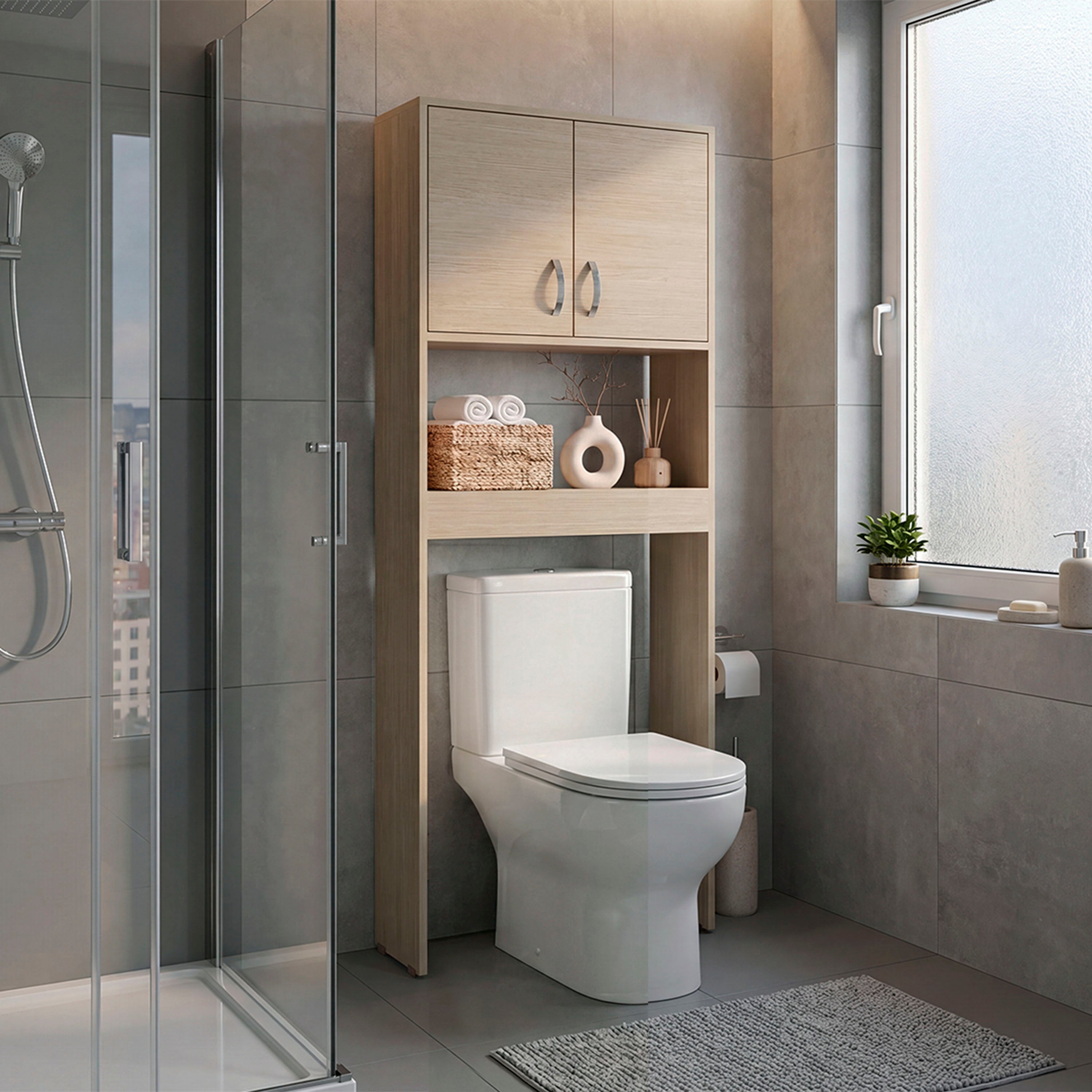 OLC 14697 - Over-the-toilet cabinet, closed doors, styled bathroom