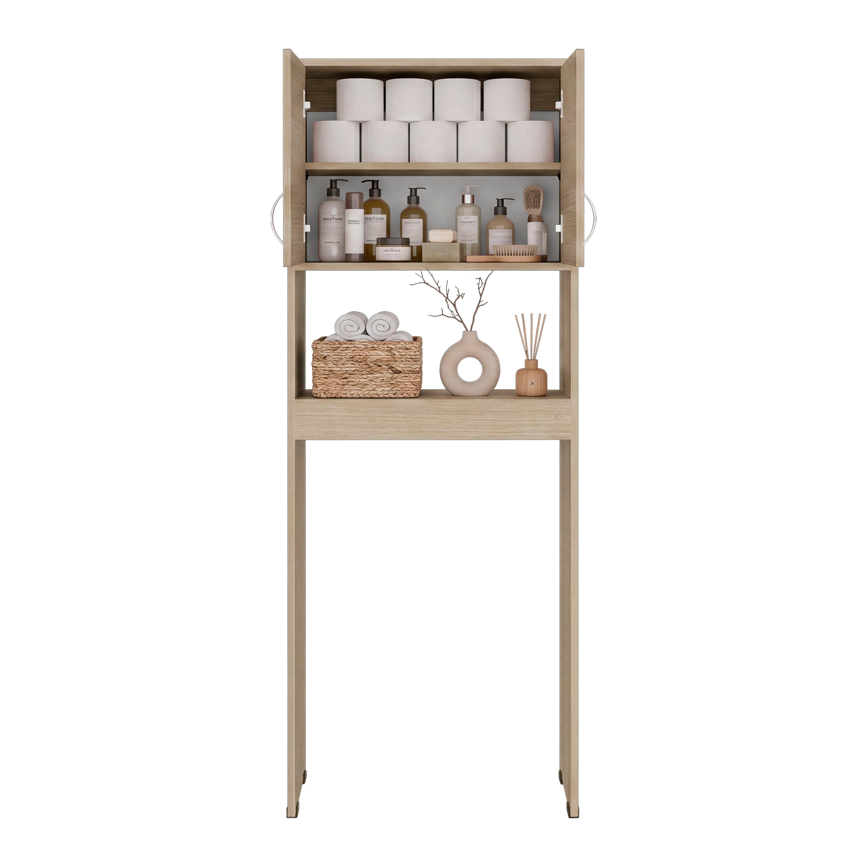 OLC 14697 - Over-the-toilet cabinet, front view, open and styled, white background