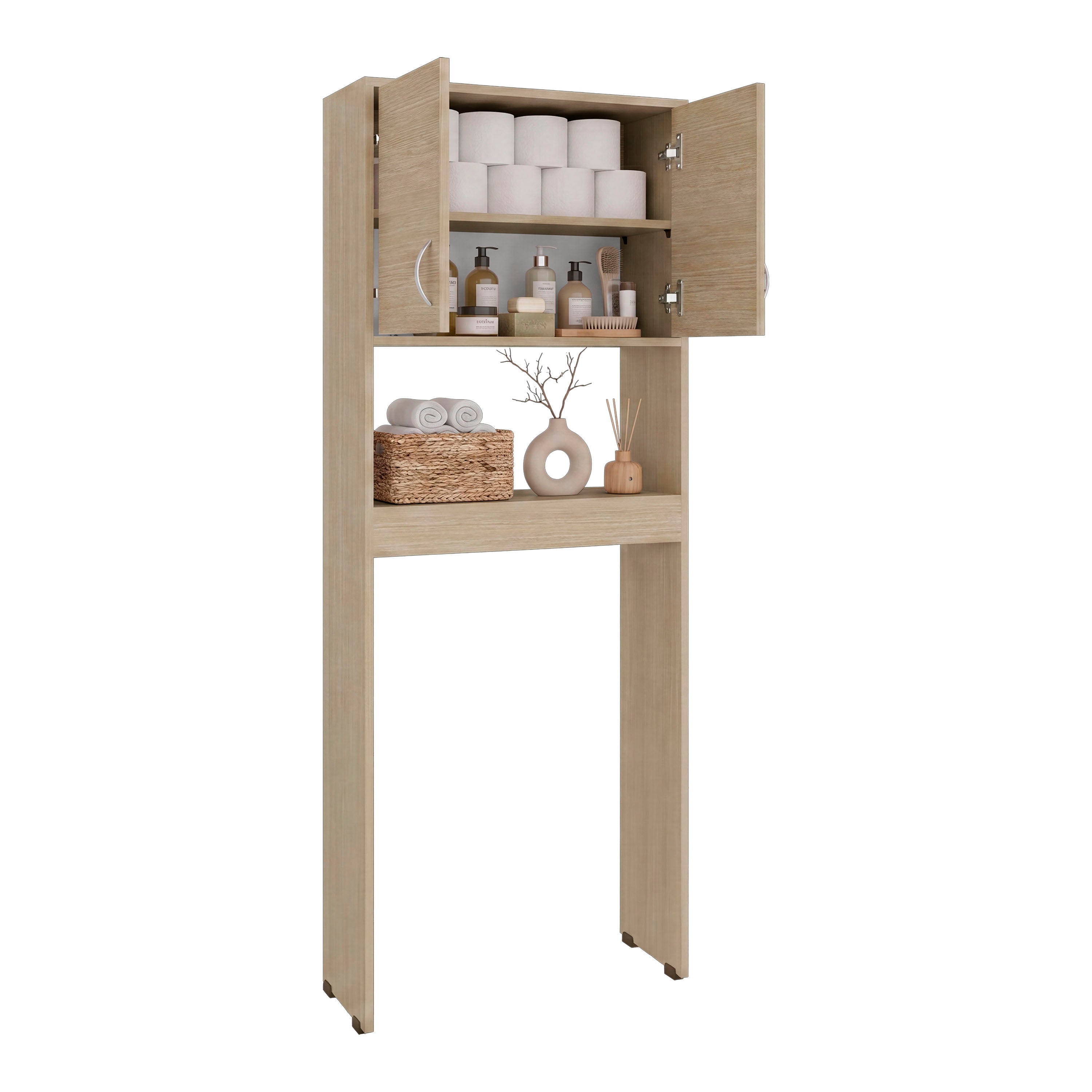 OLC 14697 - Over-the-toilet cabinet, angled view, open and styled, white background