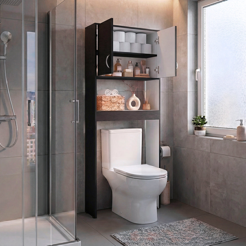 Belding Over The Toilet Cabinet, Bathroom Storage with Upper Cabinet and Open Niche, Space-Saving Organizer – Fits Over the Toilet
